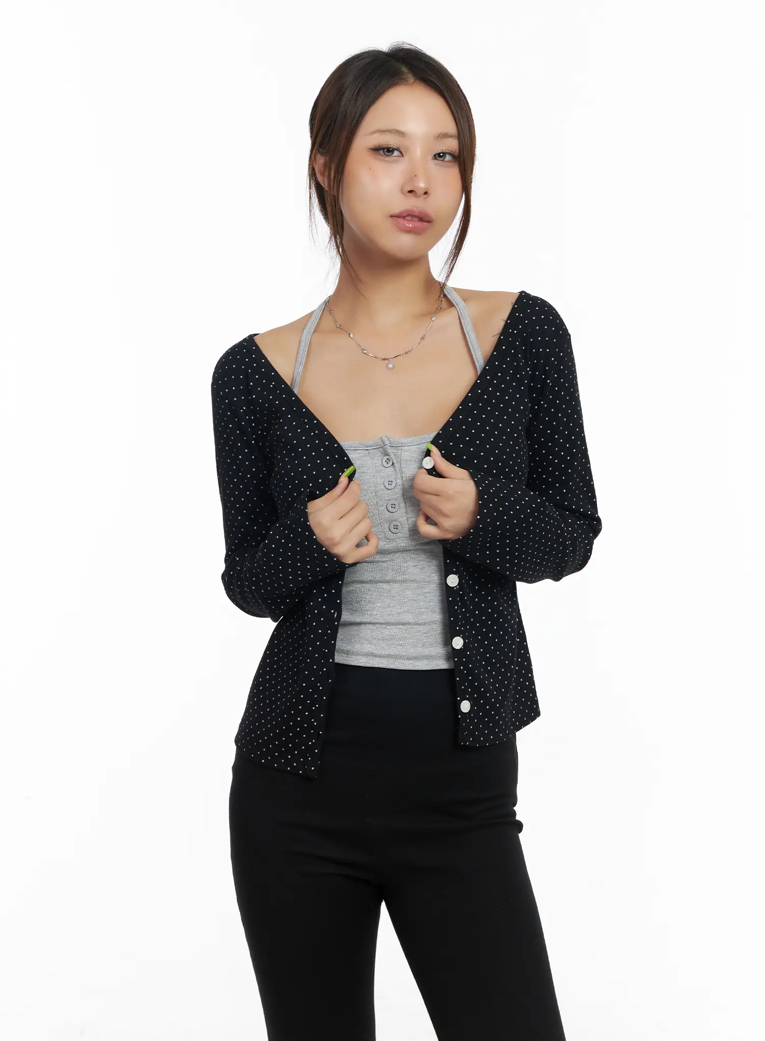 Ribbed Polka Dot V-Neck Cardigan CM525 - Image 3