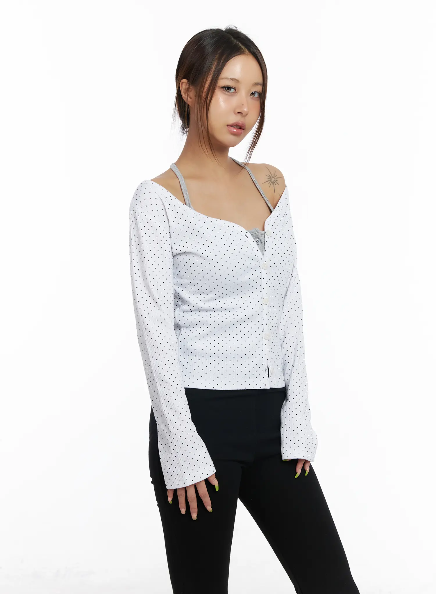 Ribbed Polka Dot V-Neck Cardigan CM525 - Image 8