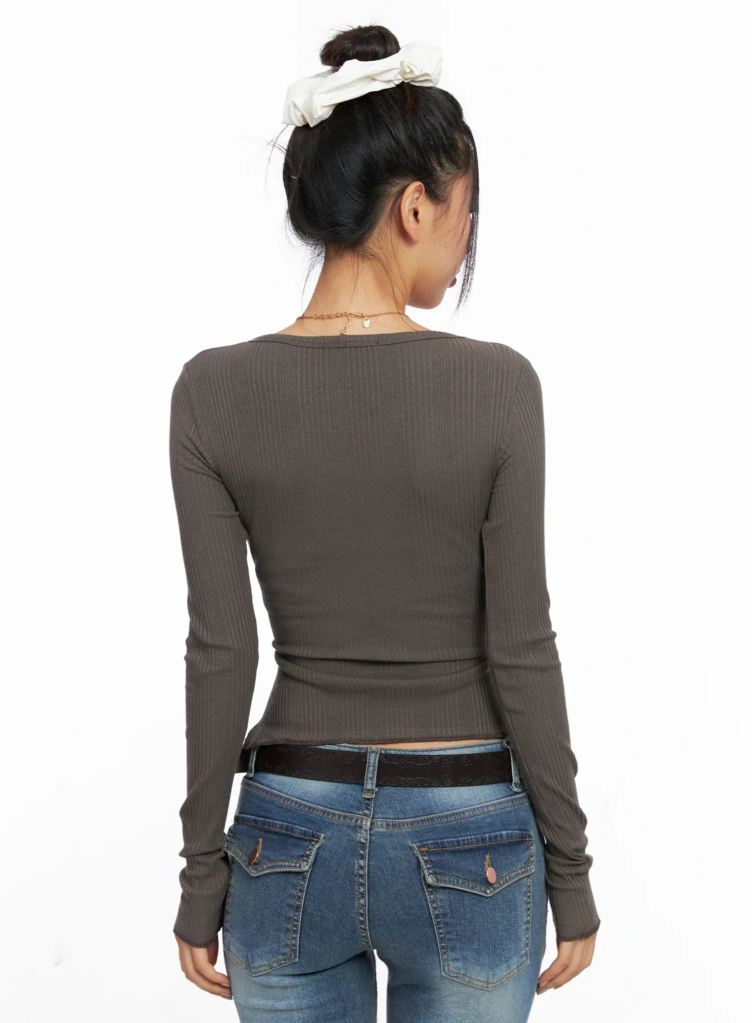 Ribbed U-Neck Button Detail Long Sleeve Top CO514 - Image 10
