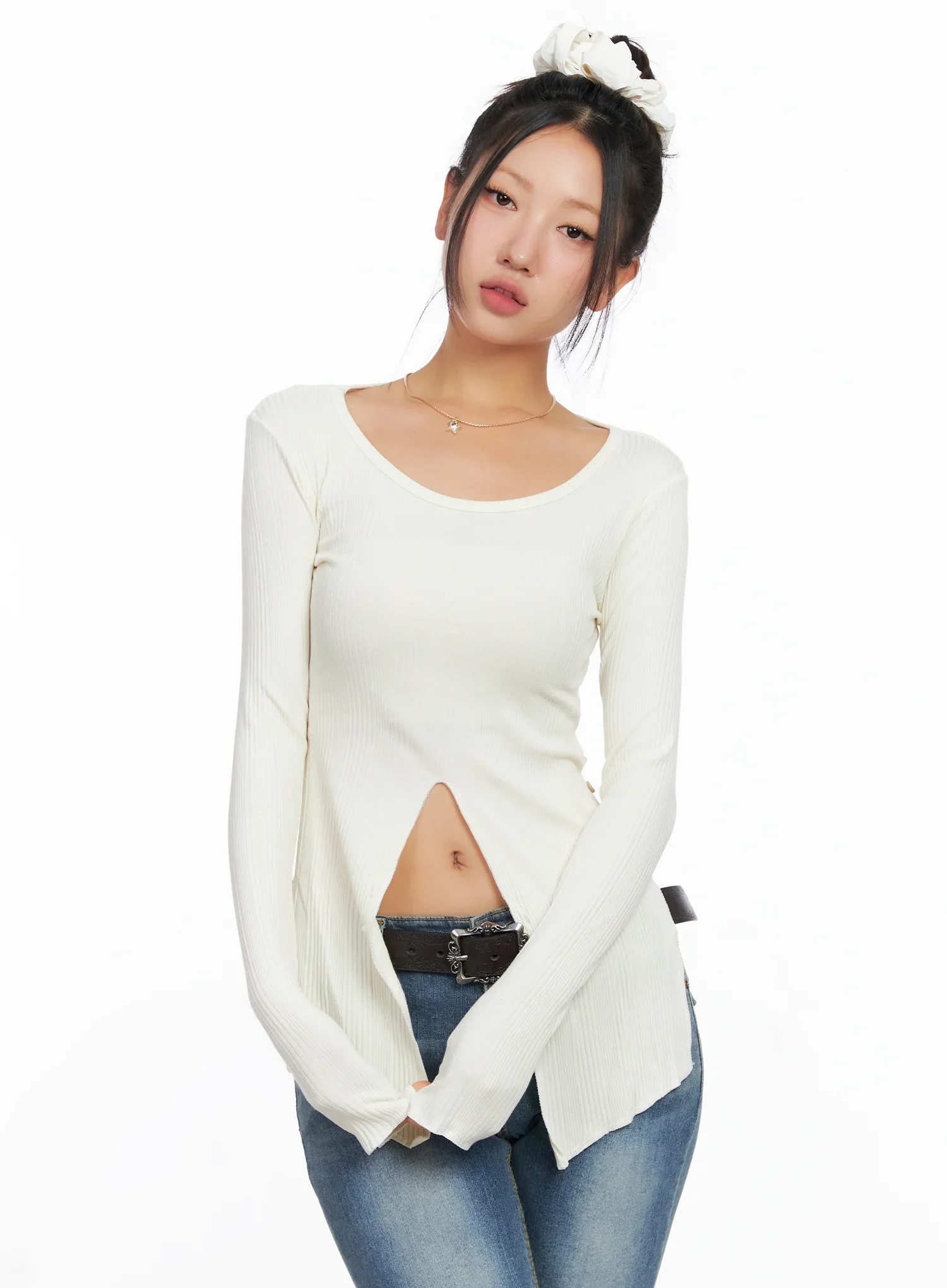 Ribbed U-Neck Button Detail Long Sleeve Top CO514 - Image 11
