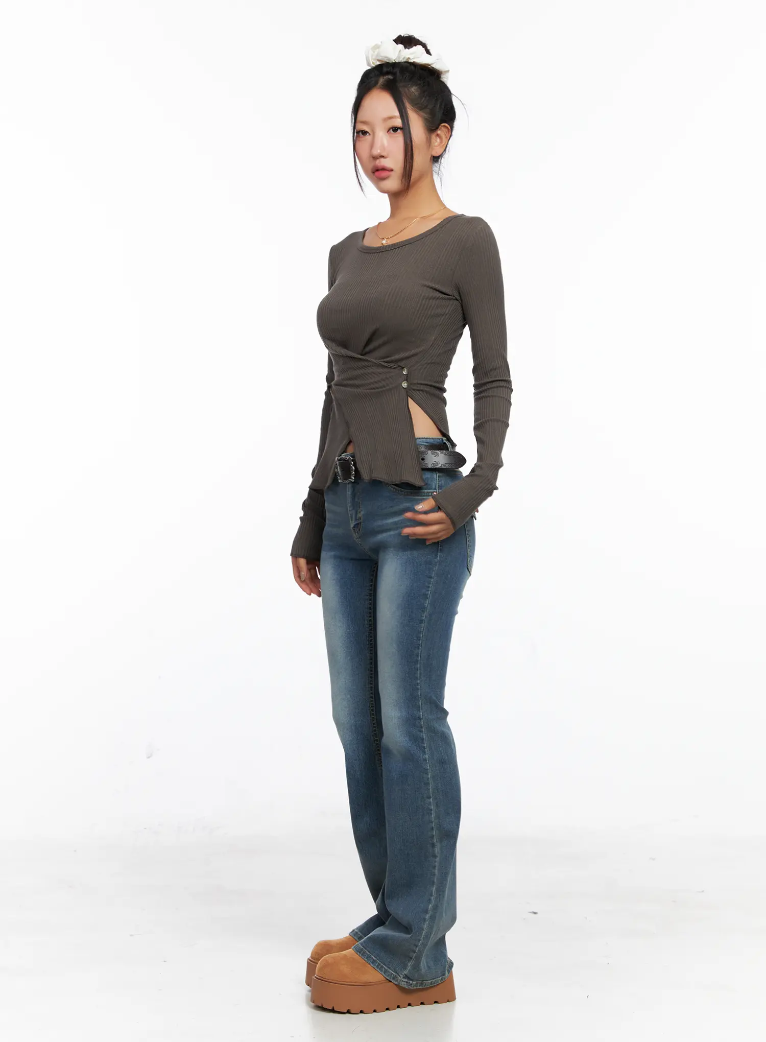 Ribbed U-Neck Button Detail Long Sleeve Top CO514 - Image 8
