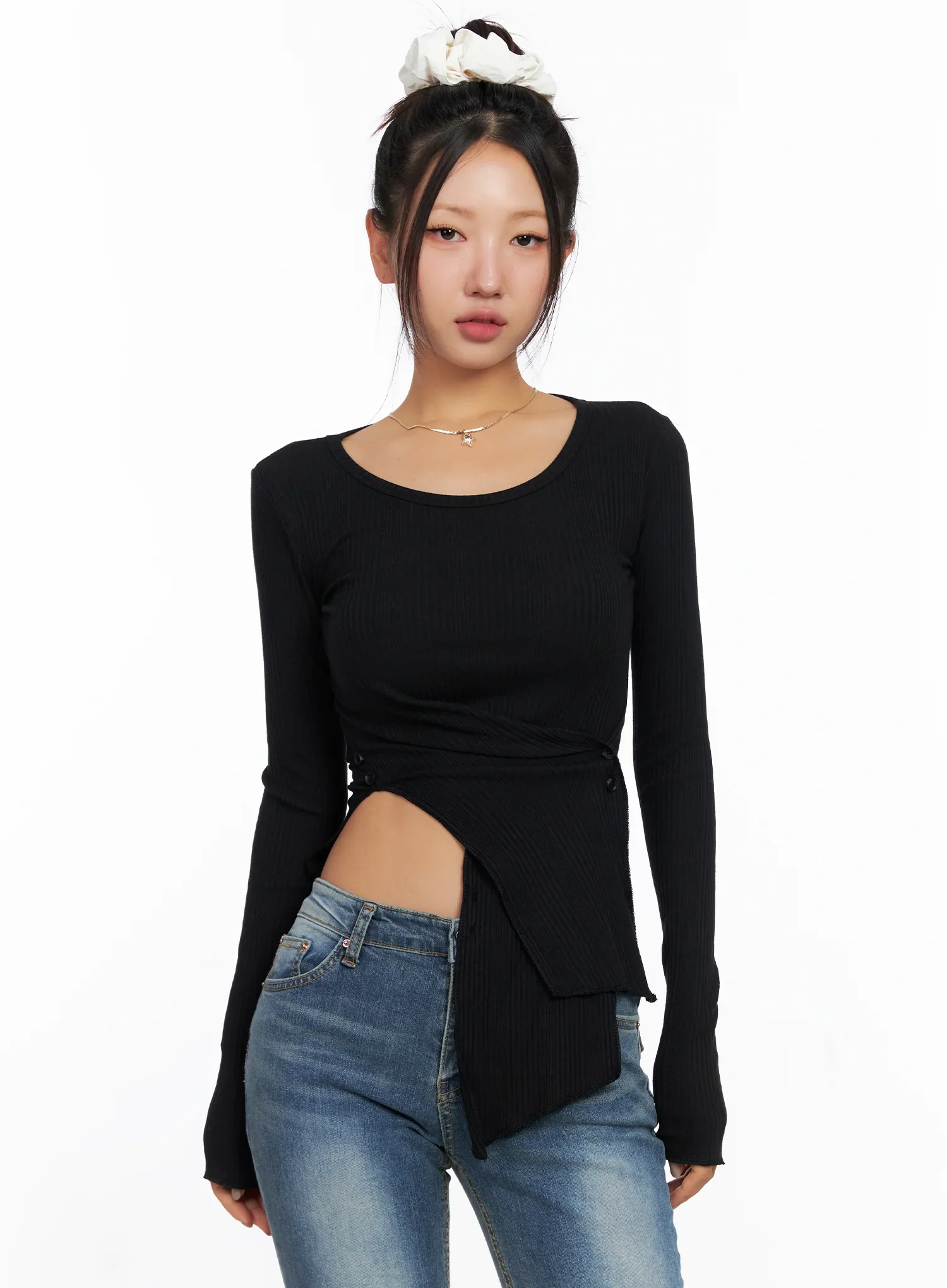 Ribbed U-Neck Button Detail Long Sleeve Top CO514 - Image 9