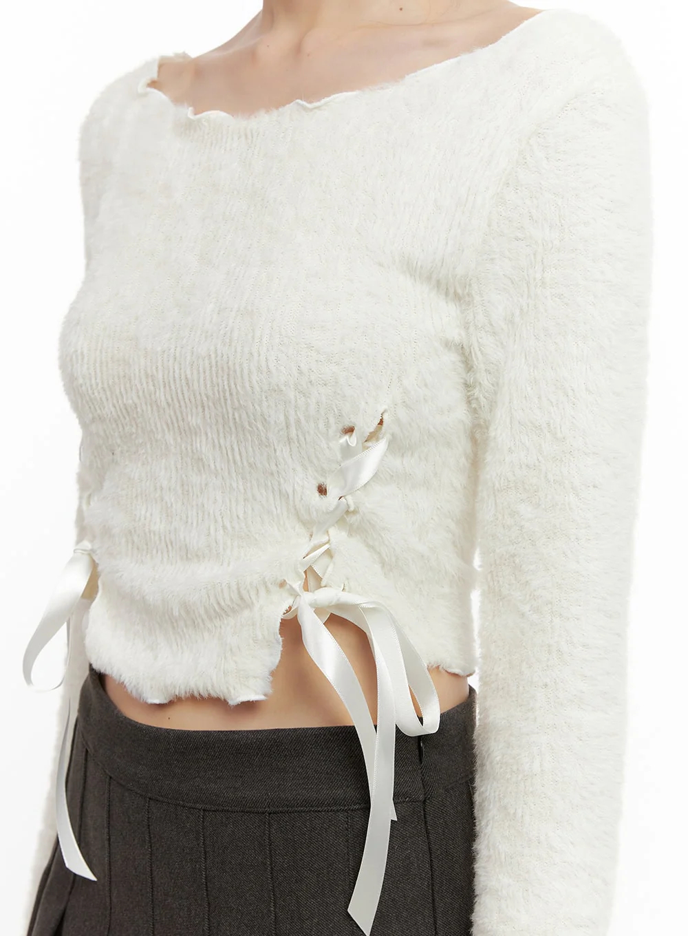 Ribbon Boat-Neck Long-Sleeve Crop Top CJ501 - Image 3