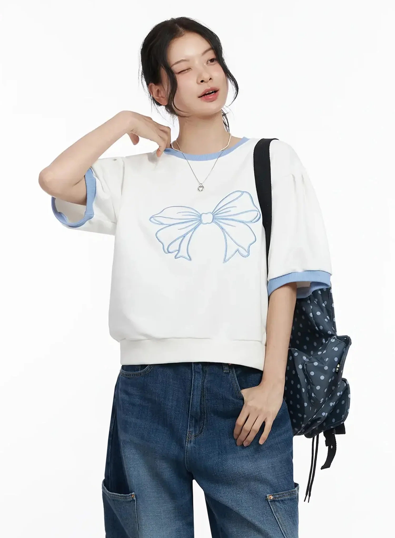 Ribbon Embroidered Short Sleeve Top IY511
