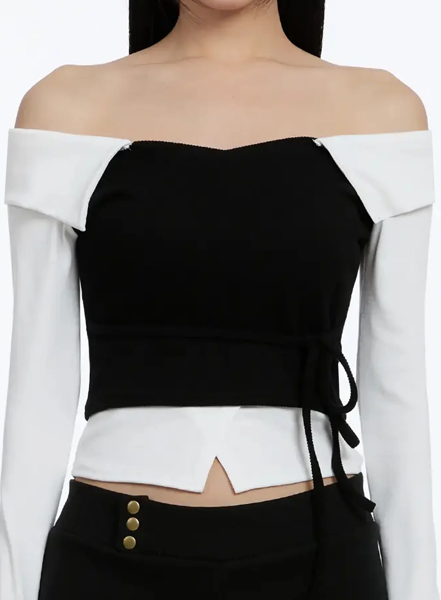 Ribbon-Tie Collared Off-Shoulder Top IM509 - Image 4
