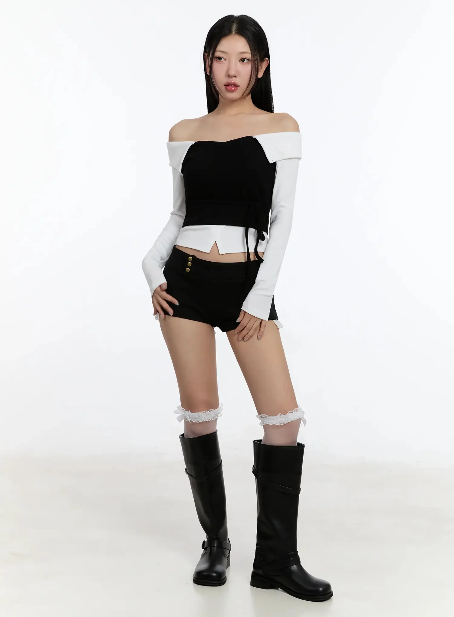 Ribbon-Tie Collared Off-Shoulder Top IM509 - Image 6