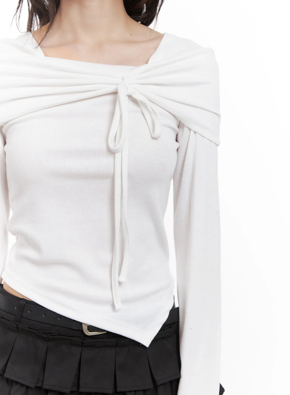 Ribbon Wrapped Asymmetric Long-Sleeve Top CJ523 - Image 4