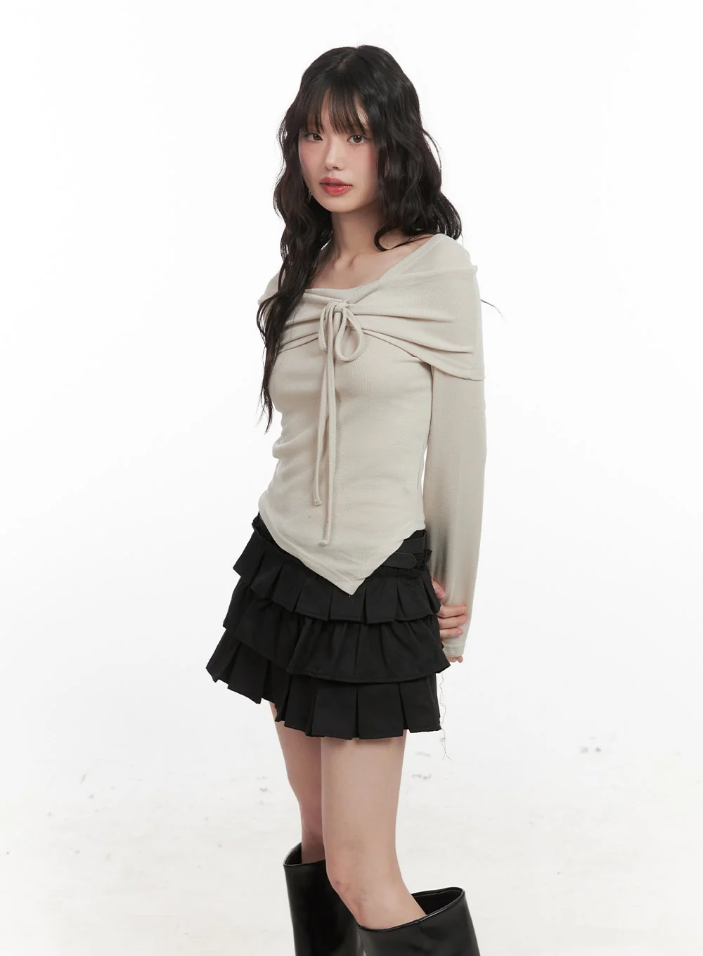 Ribbon Wrapped Asymmetric Long-Sleeve Top CJ523 - Image 9