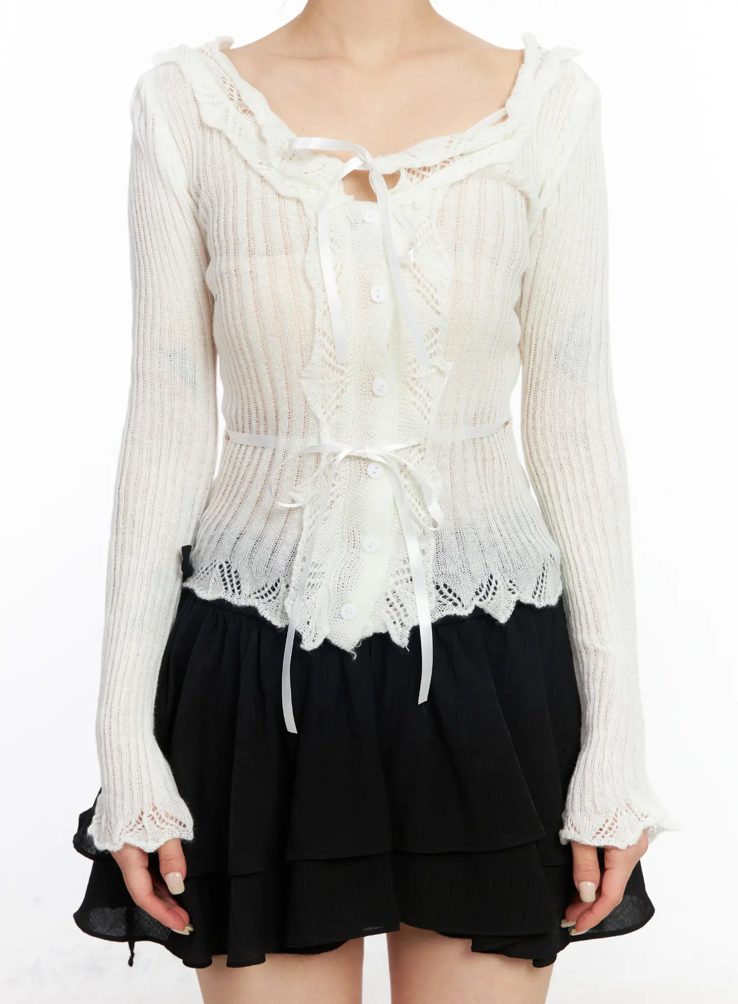 Romantic Frill Ribbon Knit Cardigan CJ523 - Image 4