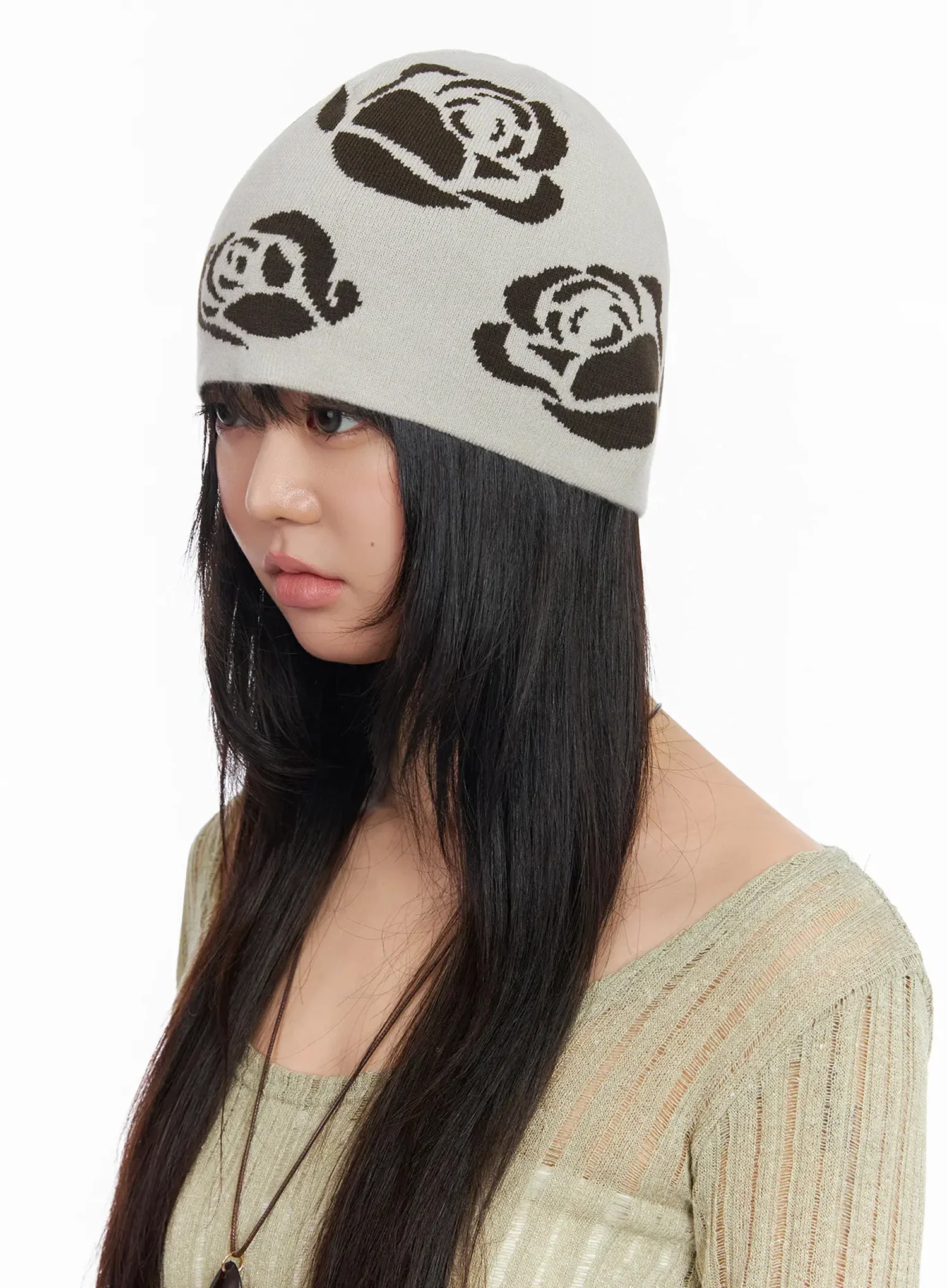Rose Pattern Knit Beanie IA523 - Image 2