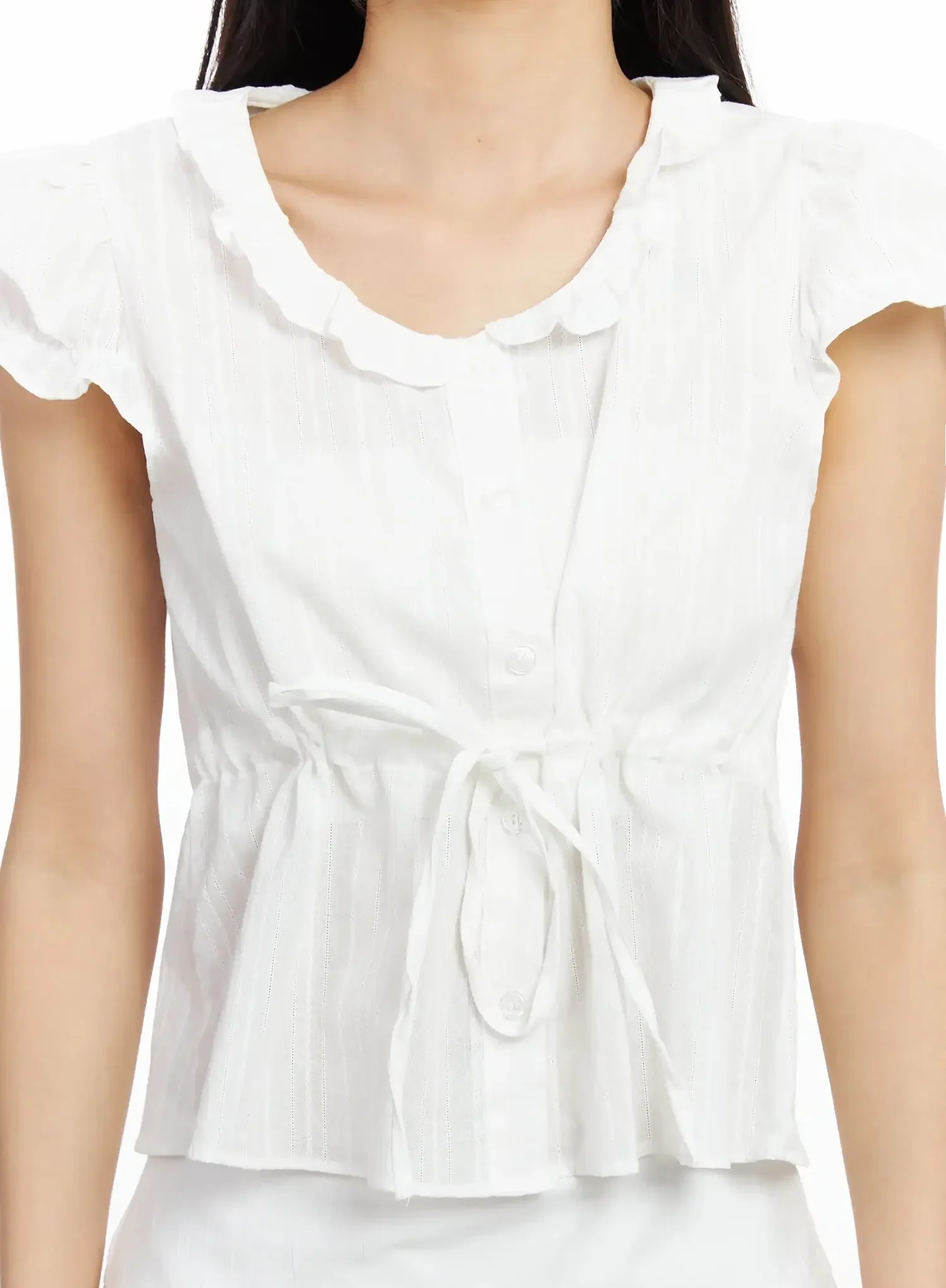 Ruffled Ribbon Tie Short Sleeve Blouse IM530 - Image 4