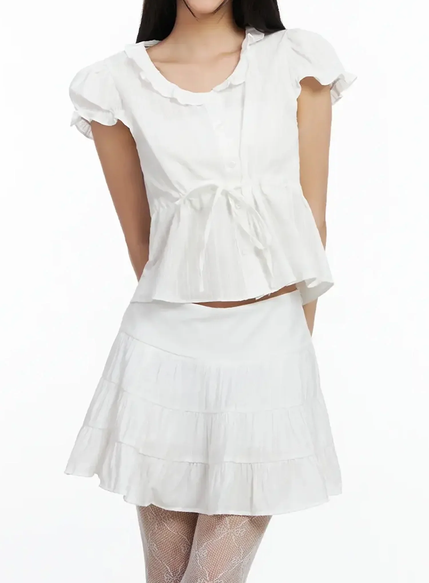 Ruffled Ribbon Tie Short Sleeve Blouse IM530 - Image 7