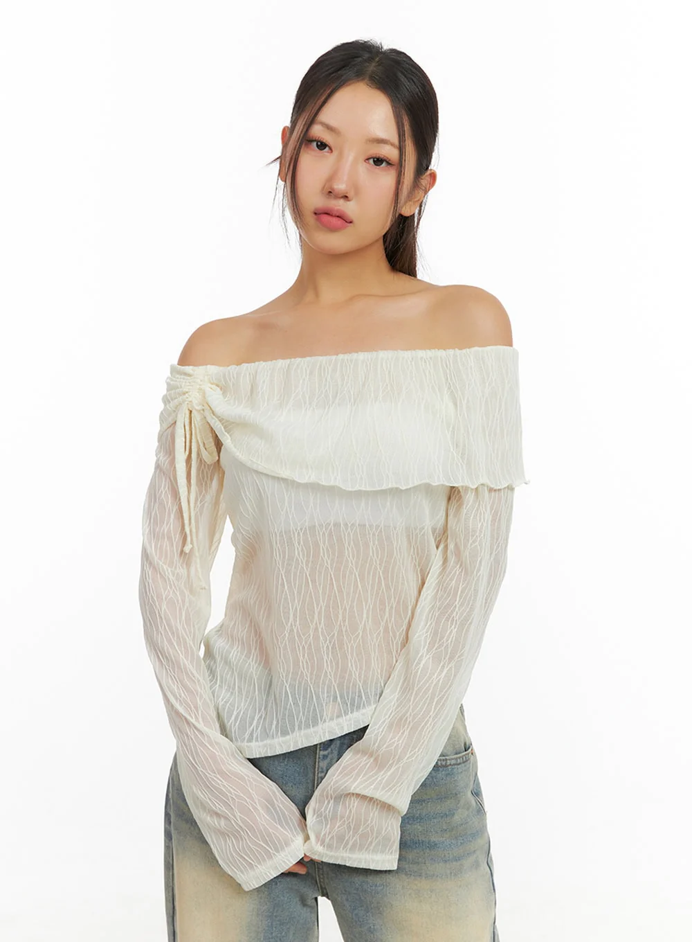 See-Through Textured Off-Shoulder Top IS402 - Image 5