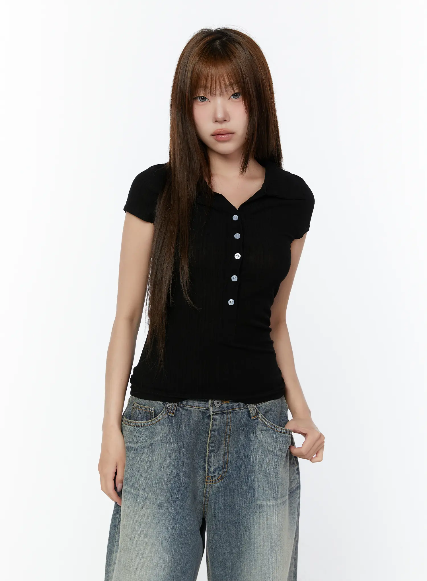 Sheer Button-Up Polo Shirt CY518 - Image 14