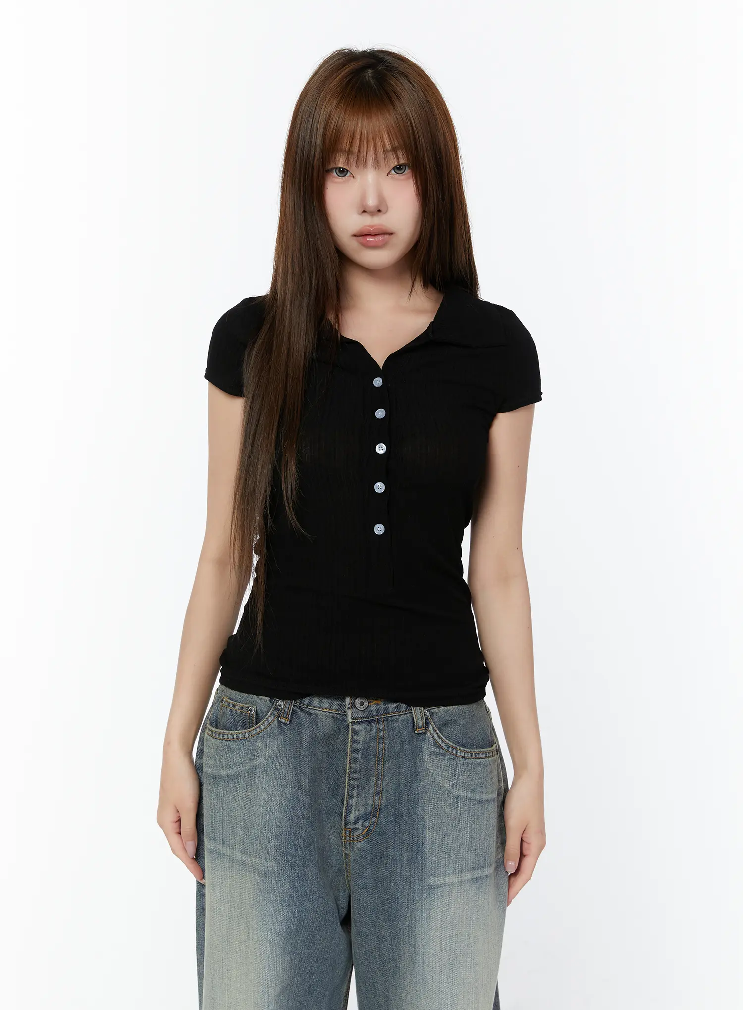 Sheer Button-Up Polo Shirt CY518 - Image 2