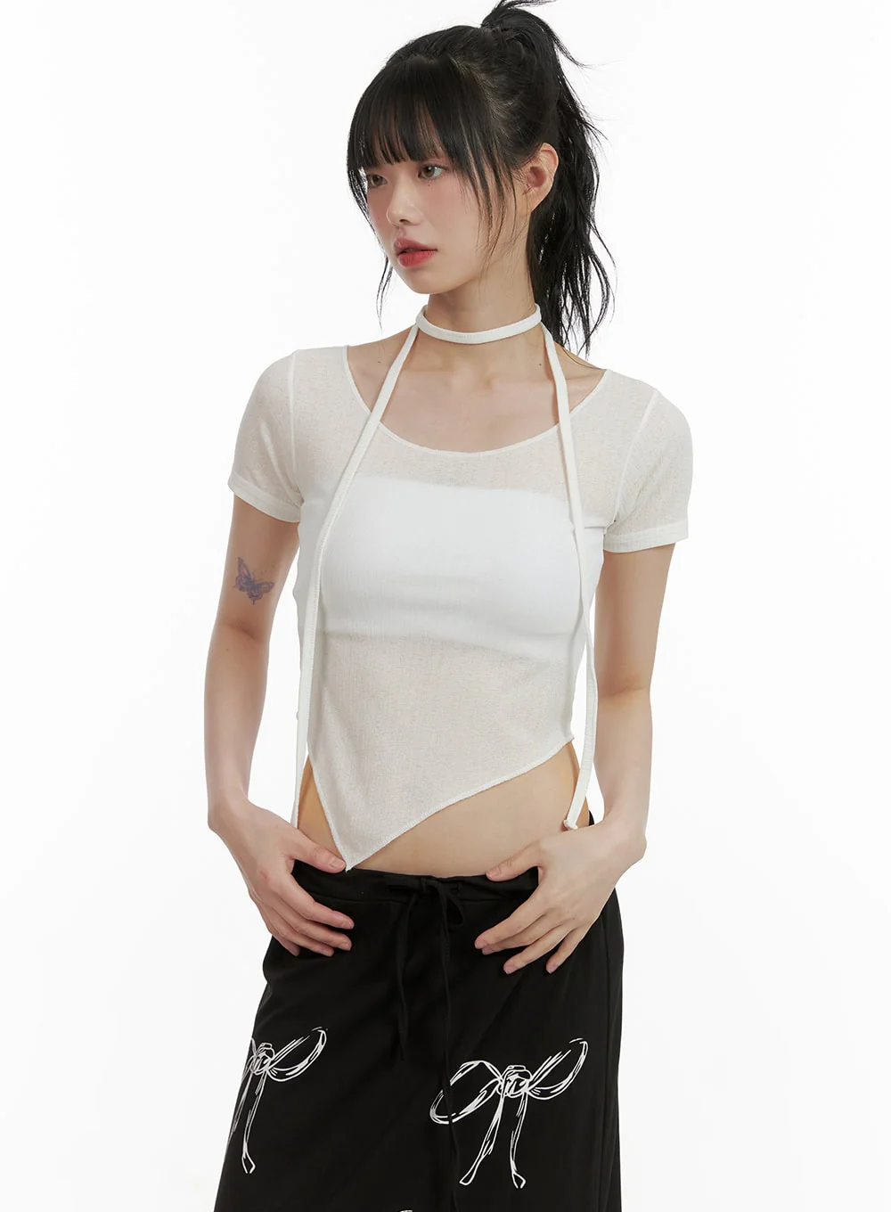 Sheer Chic Crop Top with Thin Scarf CU410 - Image 3