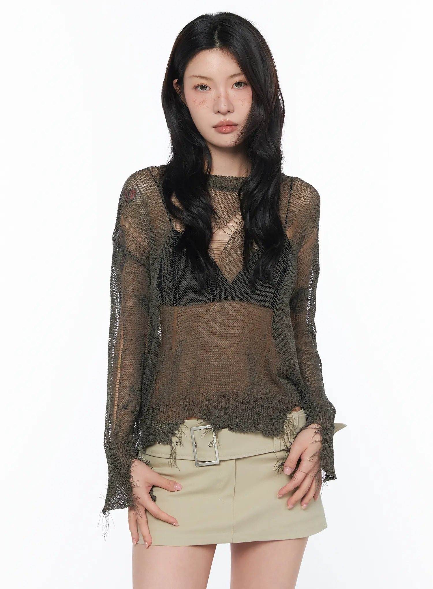 Sheer Distressed Long Sleeve Knit Top CA524