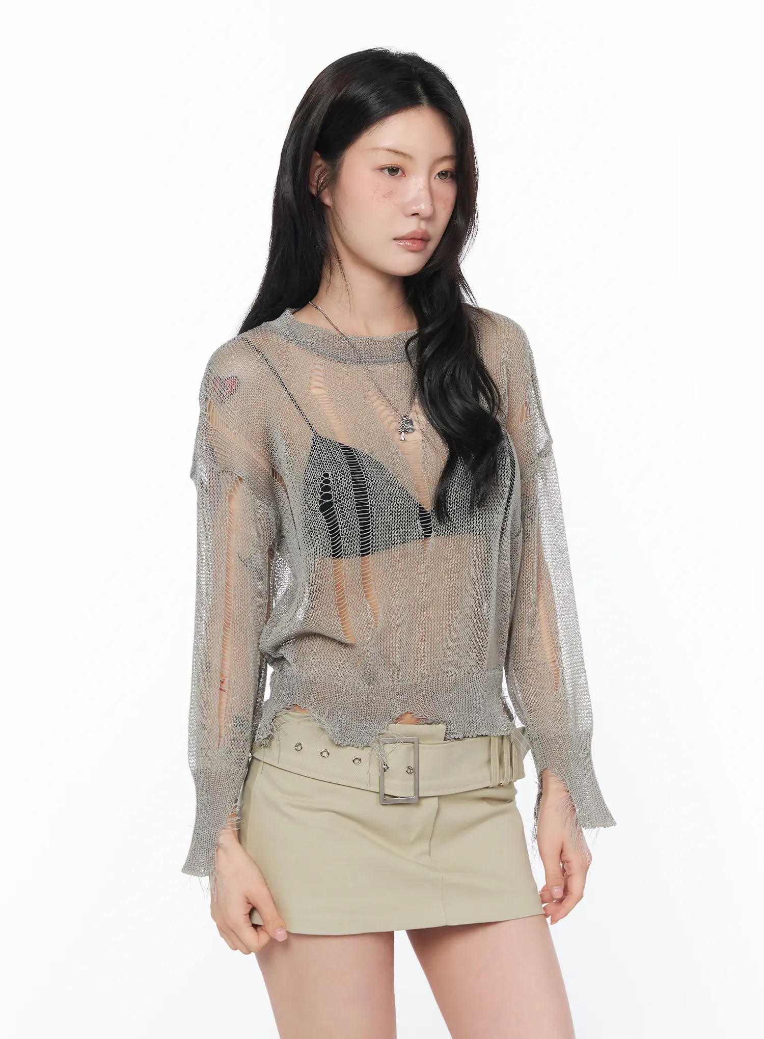 Sheer Distressed Long Sleeve Knit Top CA524 - Image 11