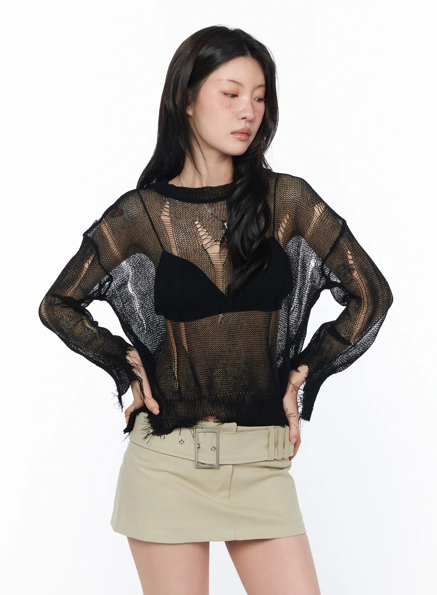 Sheer Distressed Long Sleeve Knit Top CA524 - Image 12