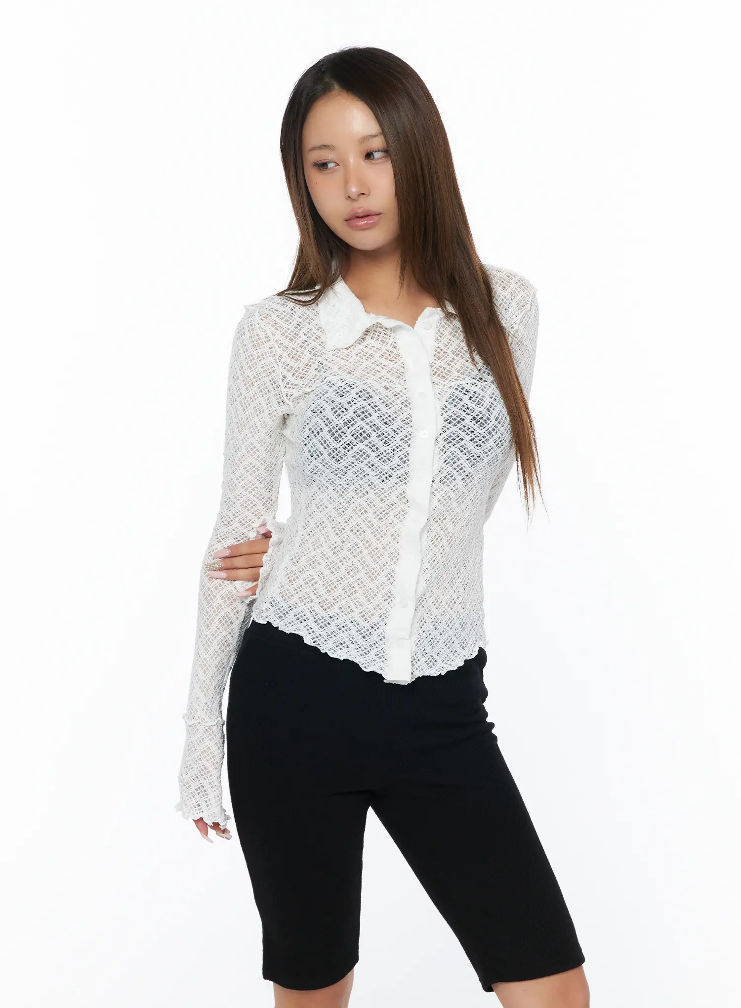 Sheer Lace Long Sleeve Button-Down Blouse CA516 - Image 10