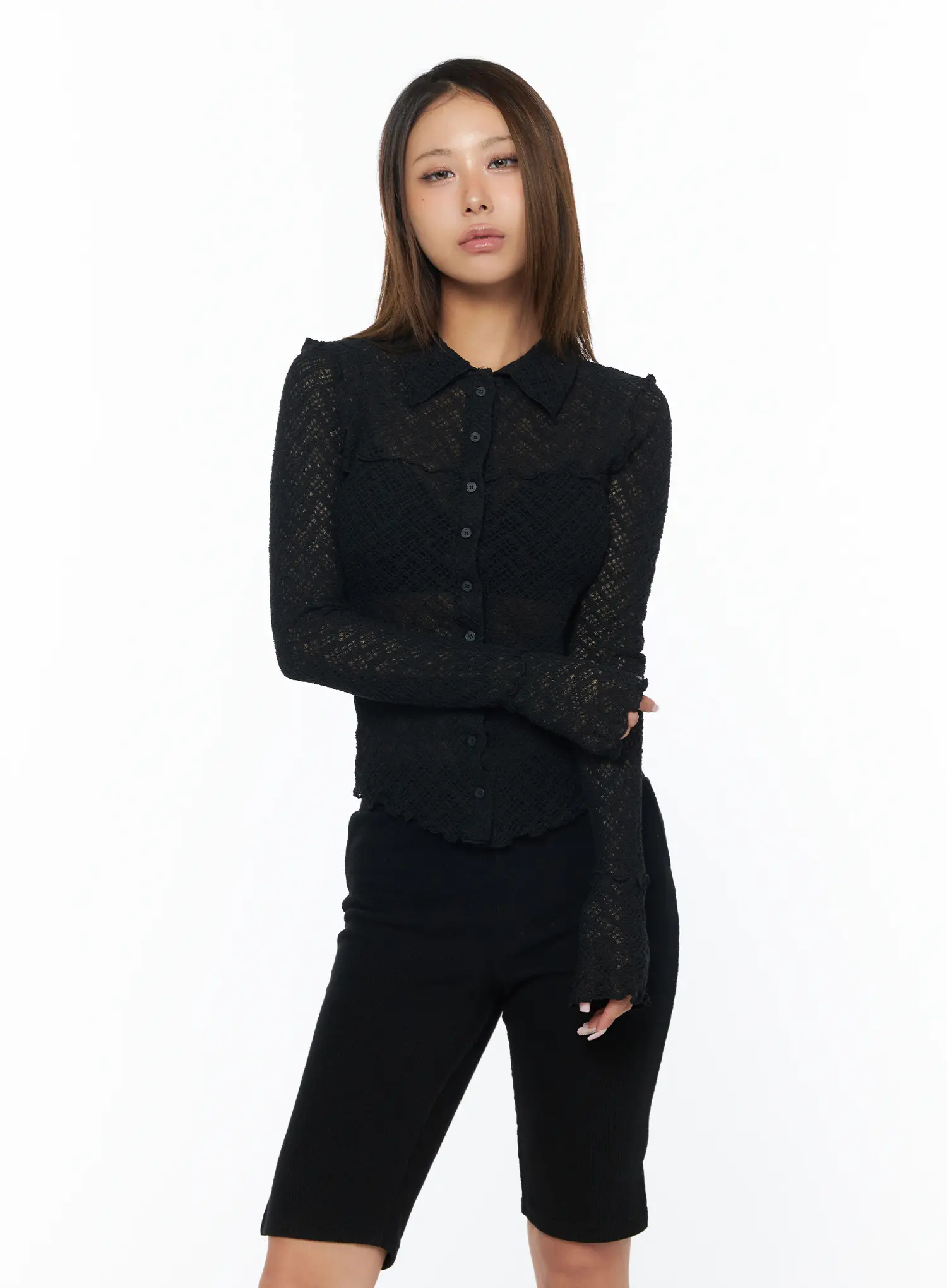 Sheer Lace Long Sleeve Button-Down Blouse CA516 - Image 11