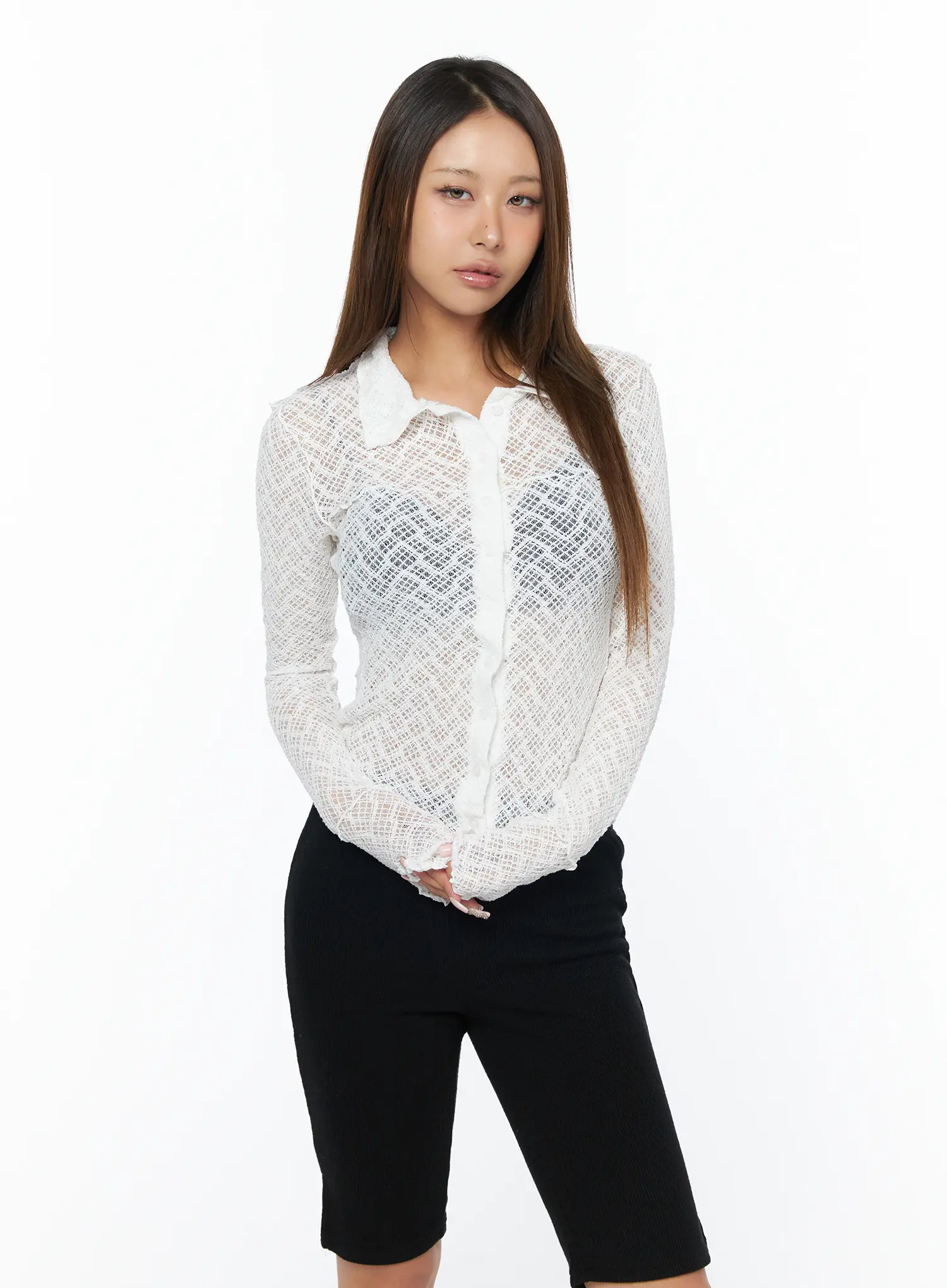 Sheer Lace Long Sleeve Button-Down Blouse CA516 - Image 2
