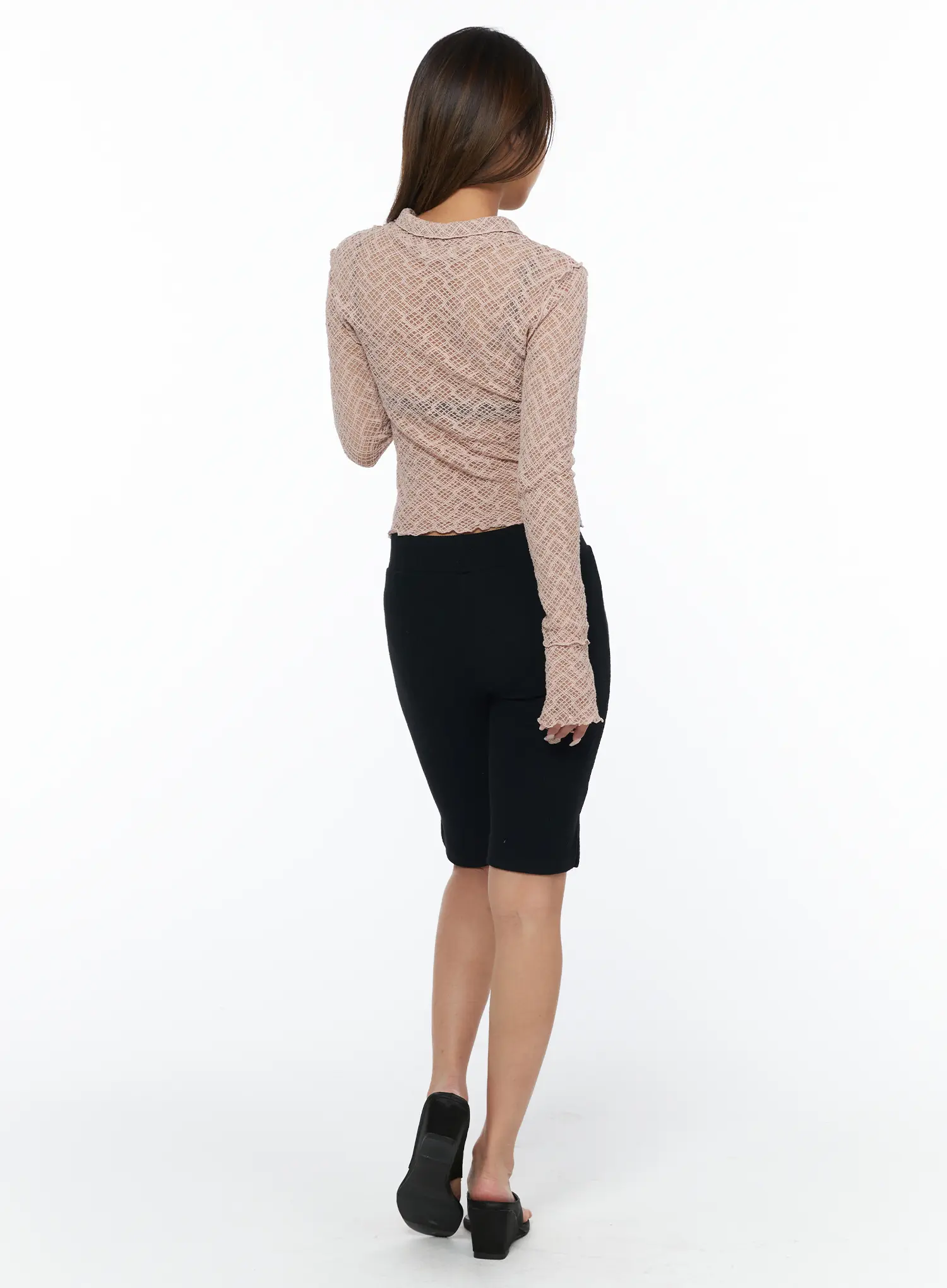 Sheer Lace Long Sleeve Button-Down Blouse CA516 - Image 5