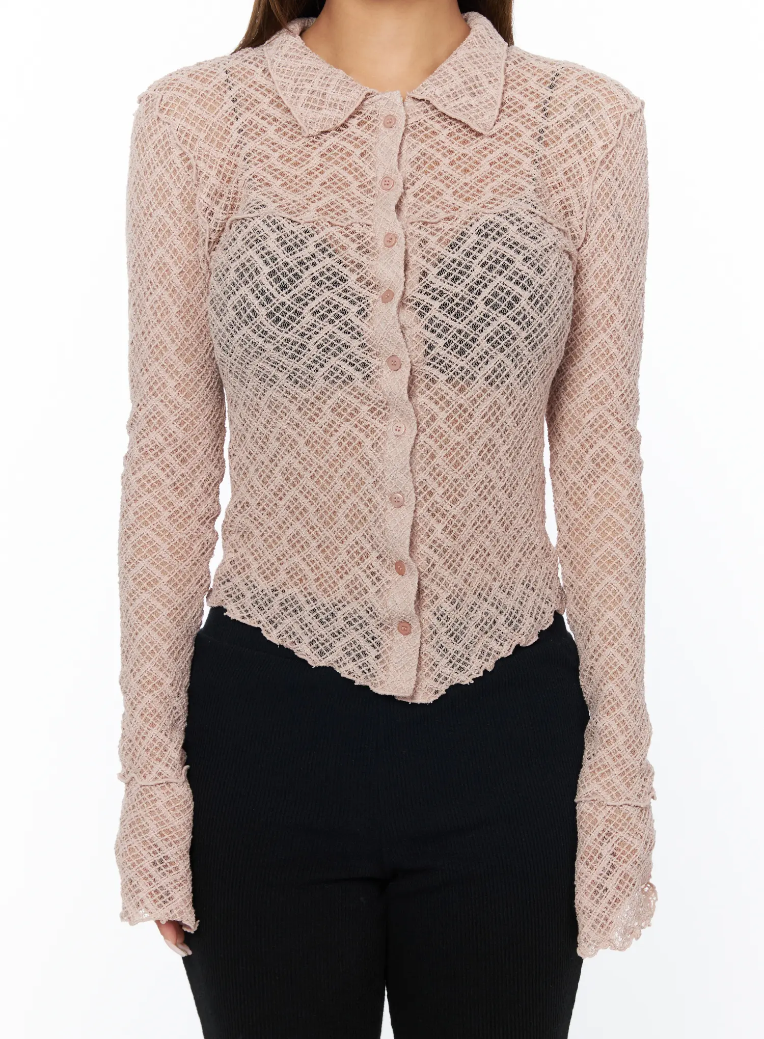 Sheer Lace Long Sleeve Button-Down Blouse CA516 - Image 8