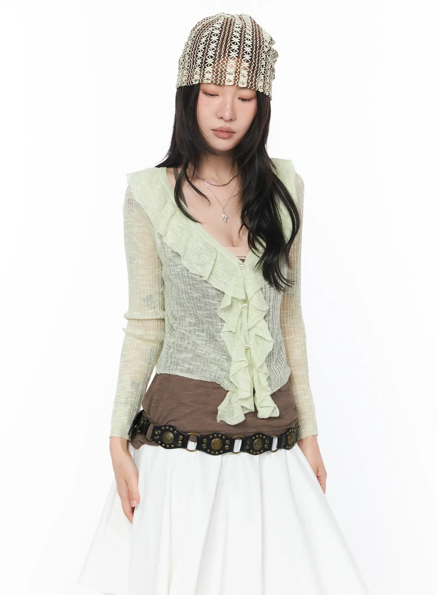 Sheer Ruffle Faux Pearl Cardigan CA527