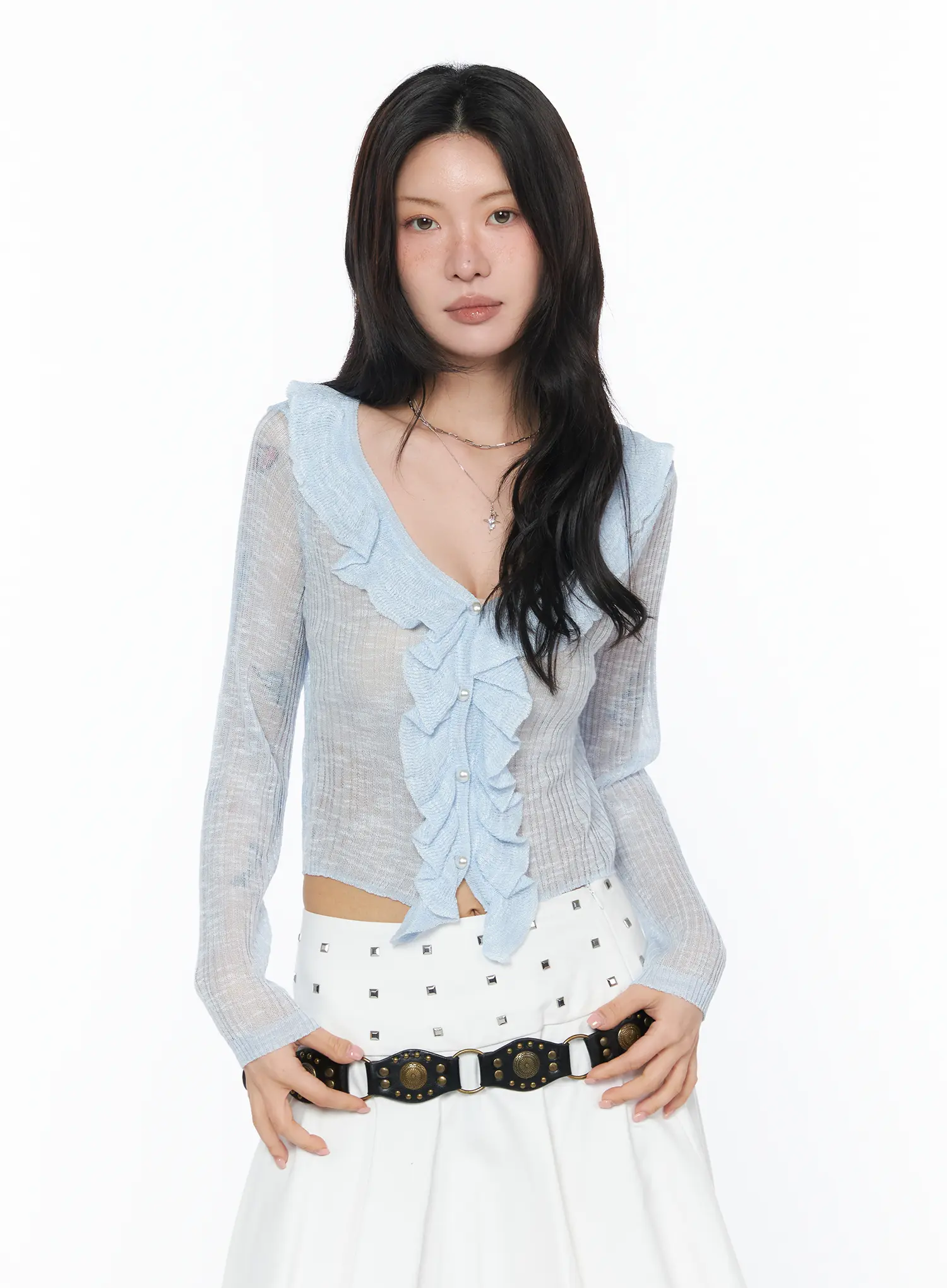 Sheer Ruffle Faux Pearl Cardigan CA527 - Image 2