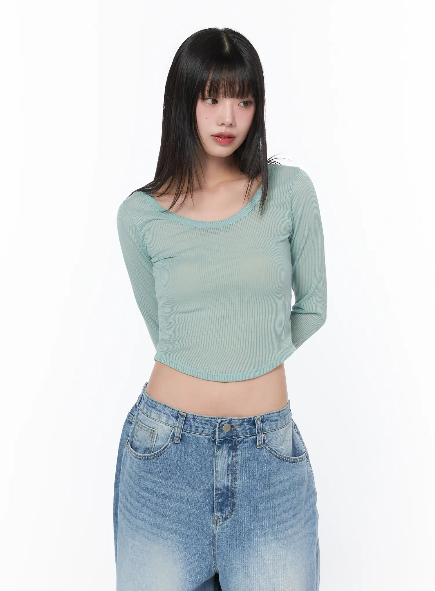 Sheer U-Neck Long Sleeve Top CA528 - Image 5