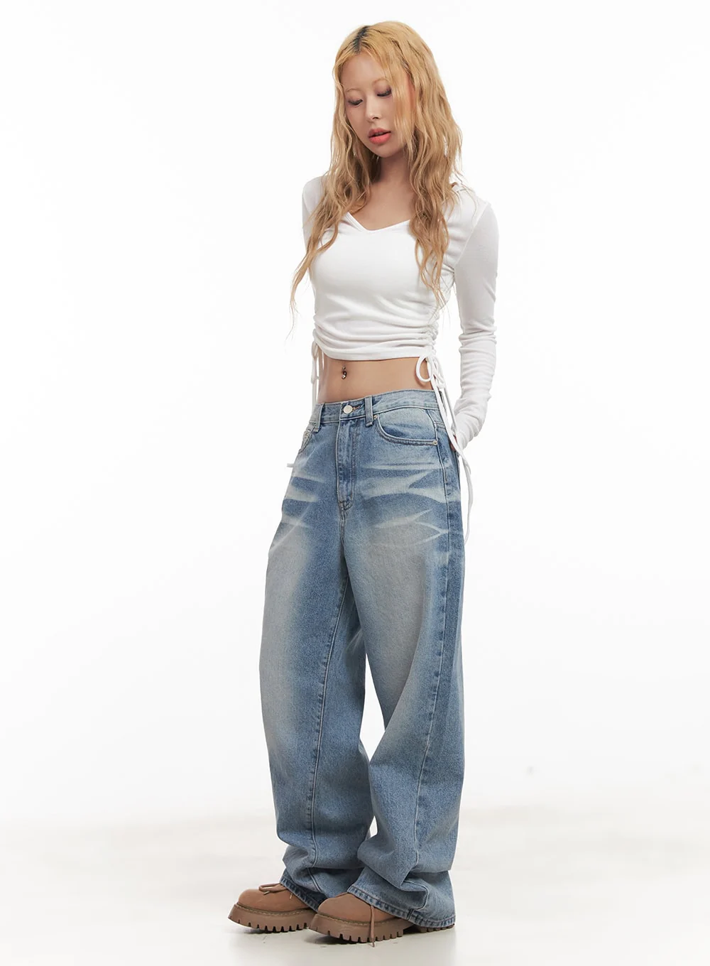 Shirred Ribbon Long-Sleeve Hooded Crop Top CM505 - Image 5