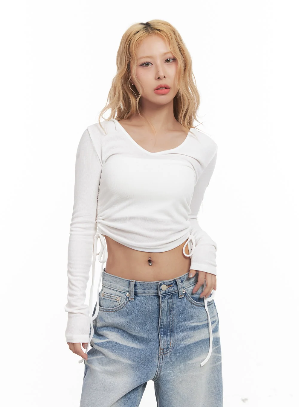 Shirred Ribbon Long-Sleeve Hooded Crop Top CM505 - Image 8