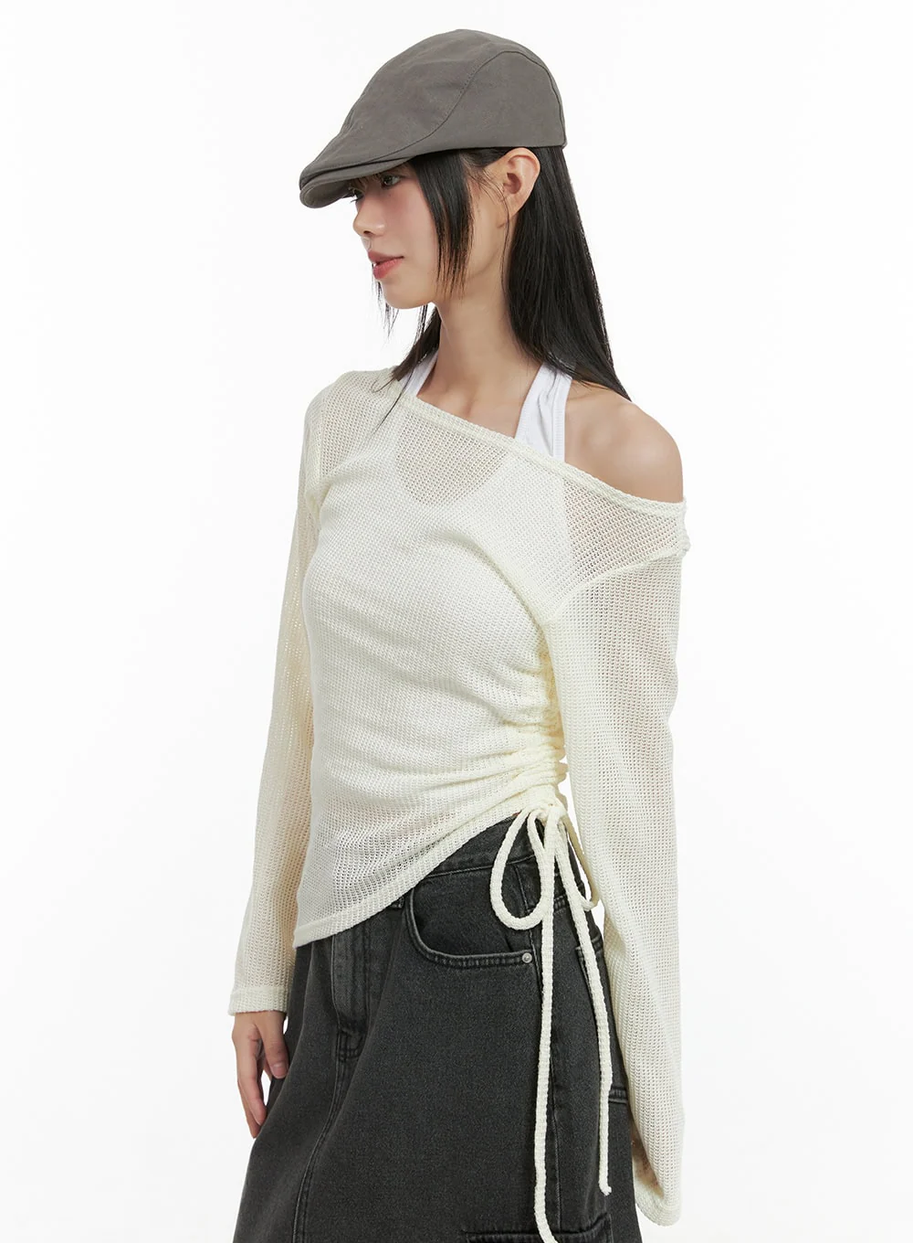 Shirred See-Through One Shoulder Top CG426