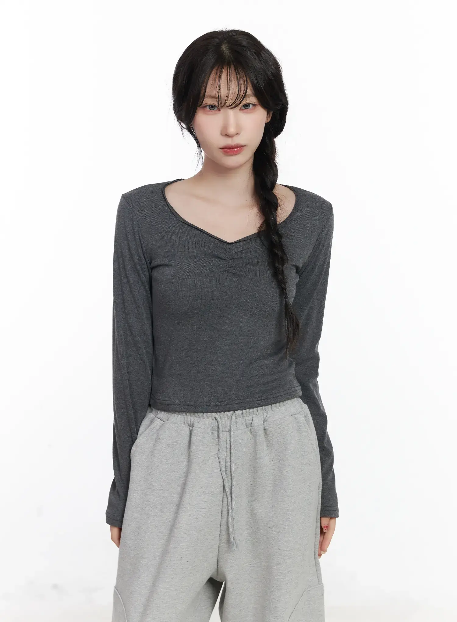 Shirring Heart Neck Long Sleeve Top CJ527 - Image 10