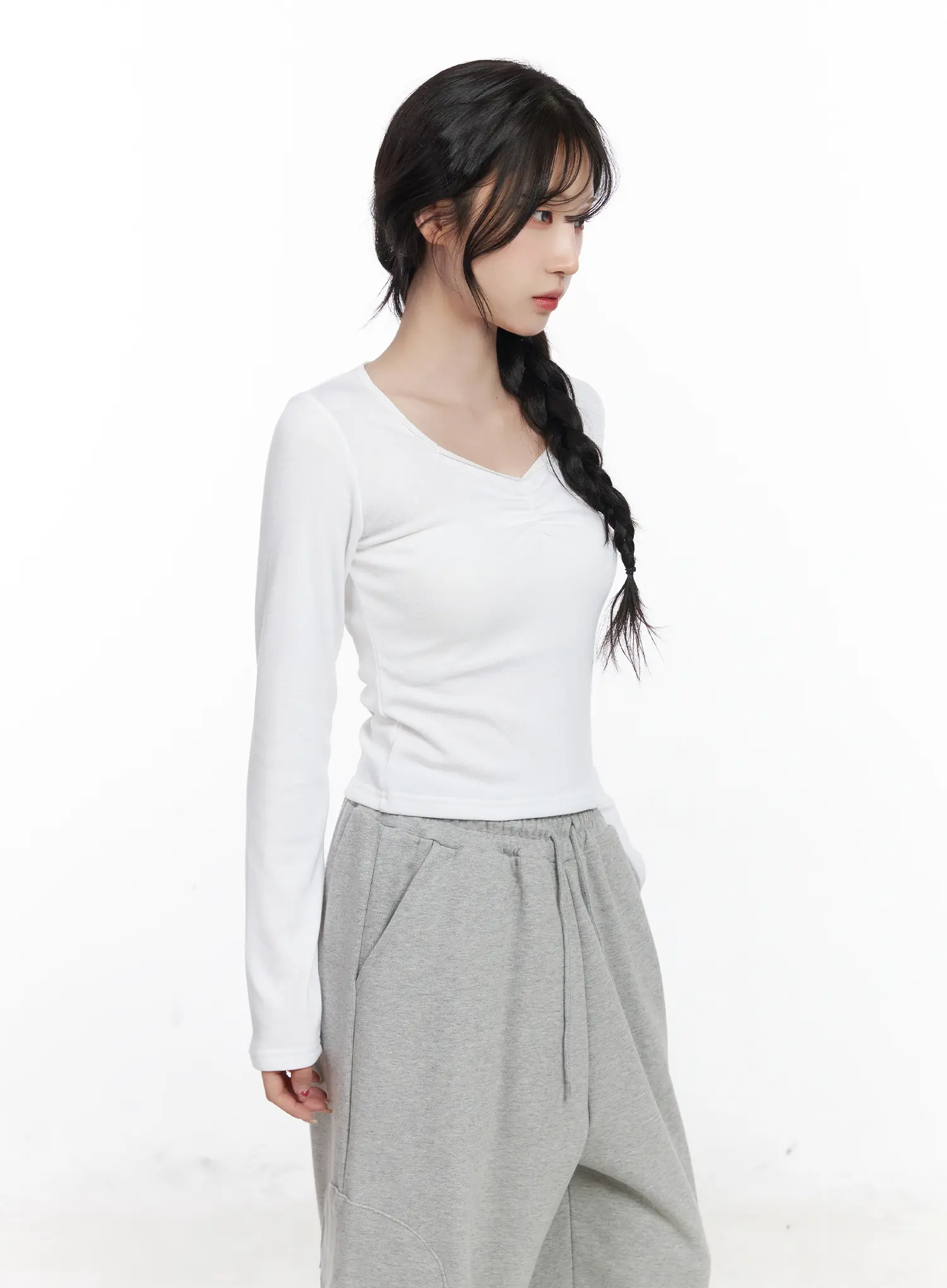 Shirring Heart Neck Long Sleeve Top CJ527 - Image 6
