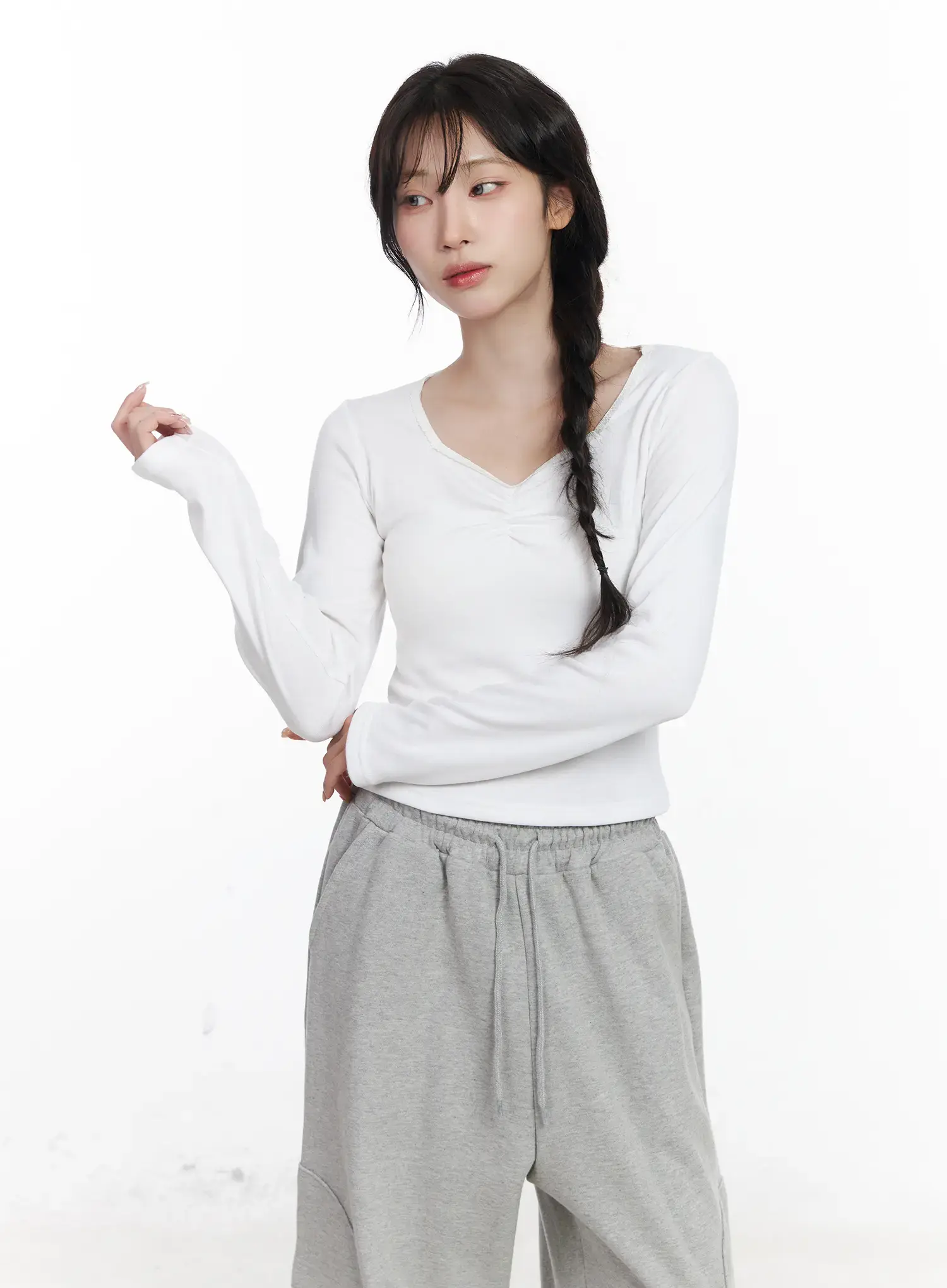 Shirring Heart Neck Long Sleeve Top CJ527 - Image 9