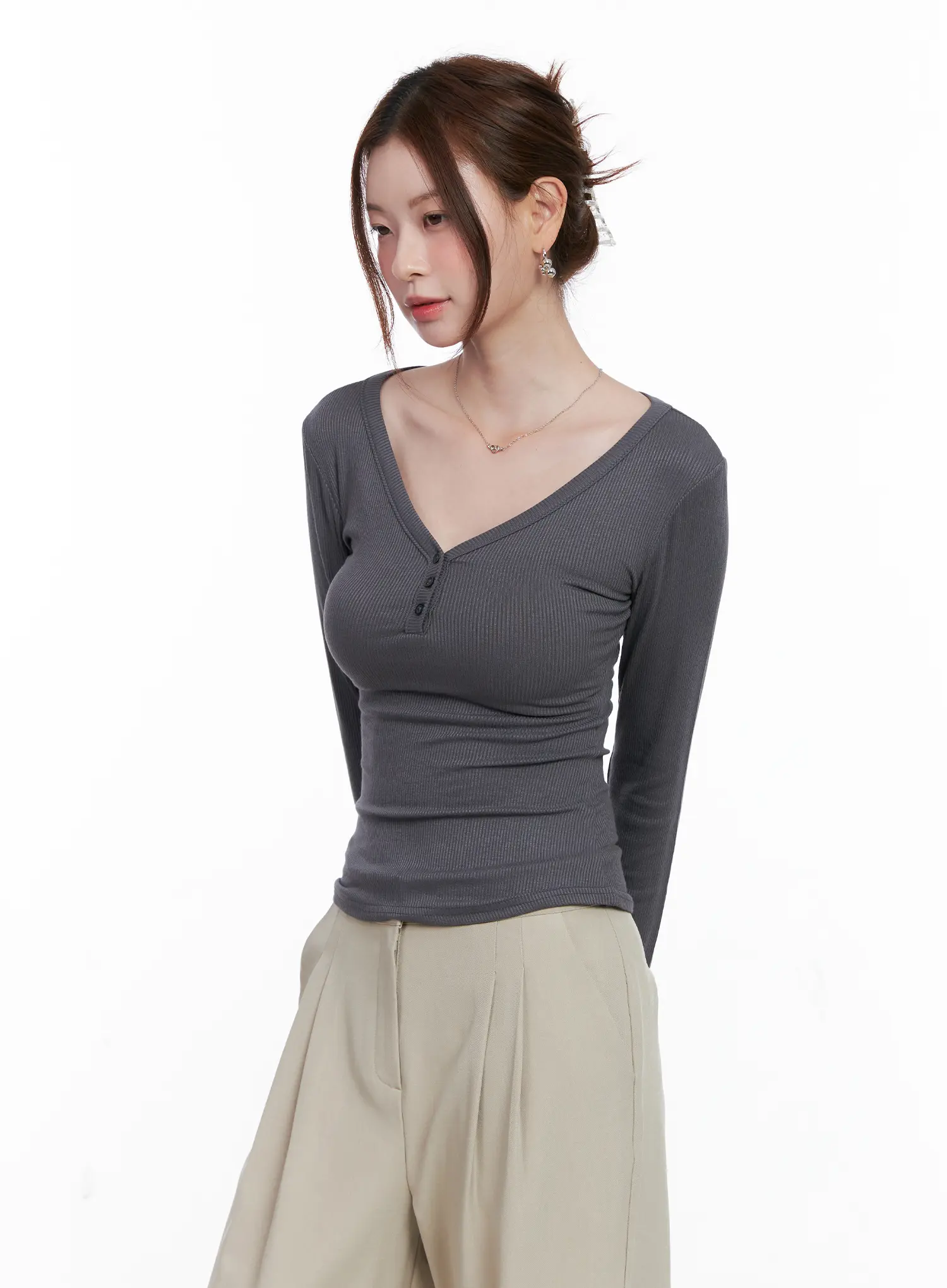 Slim-Fit Henley Neck Long Sleeve Top CG521 - Image 5