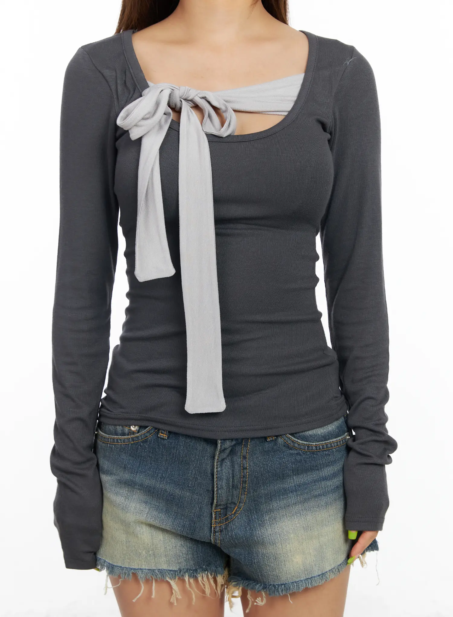 Slim Fit Long Sleeve Ribbon Top CF511 - Image 4