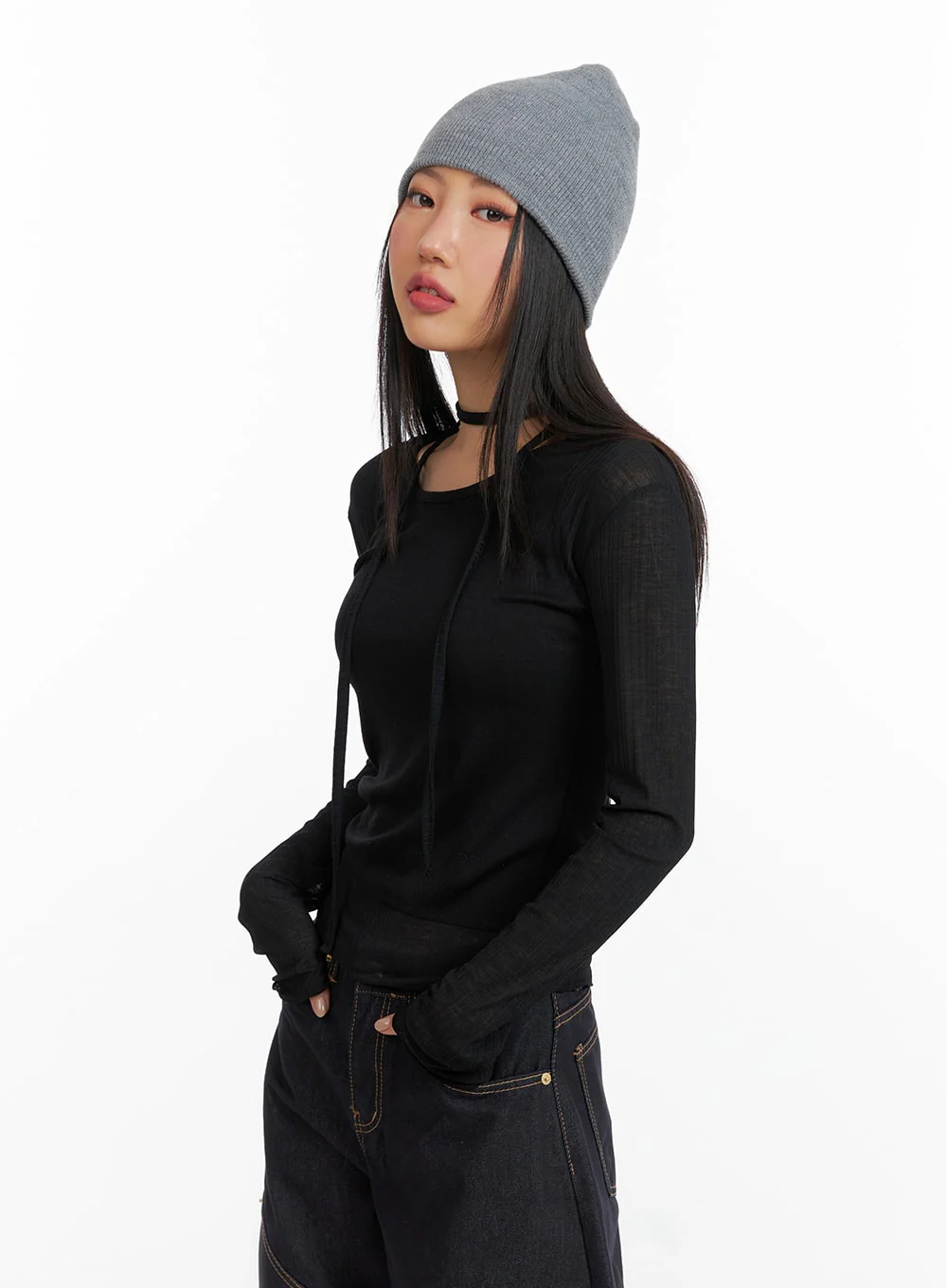 Slim Fit Round Neck Top with Scarf CF408 - Image 3
