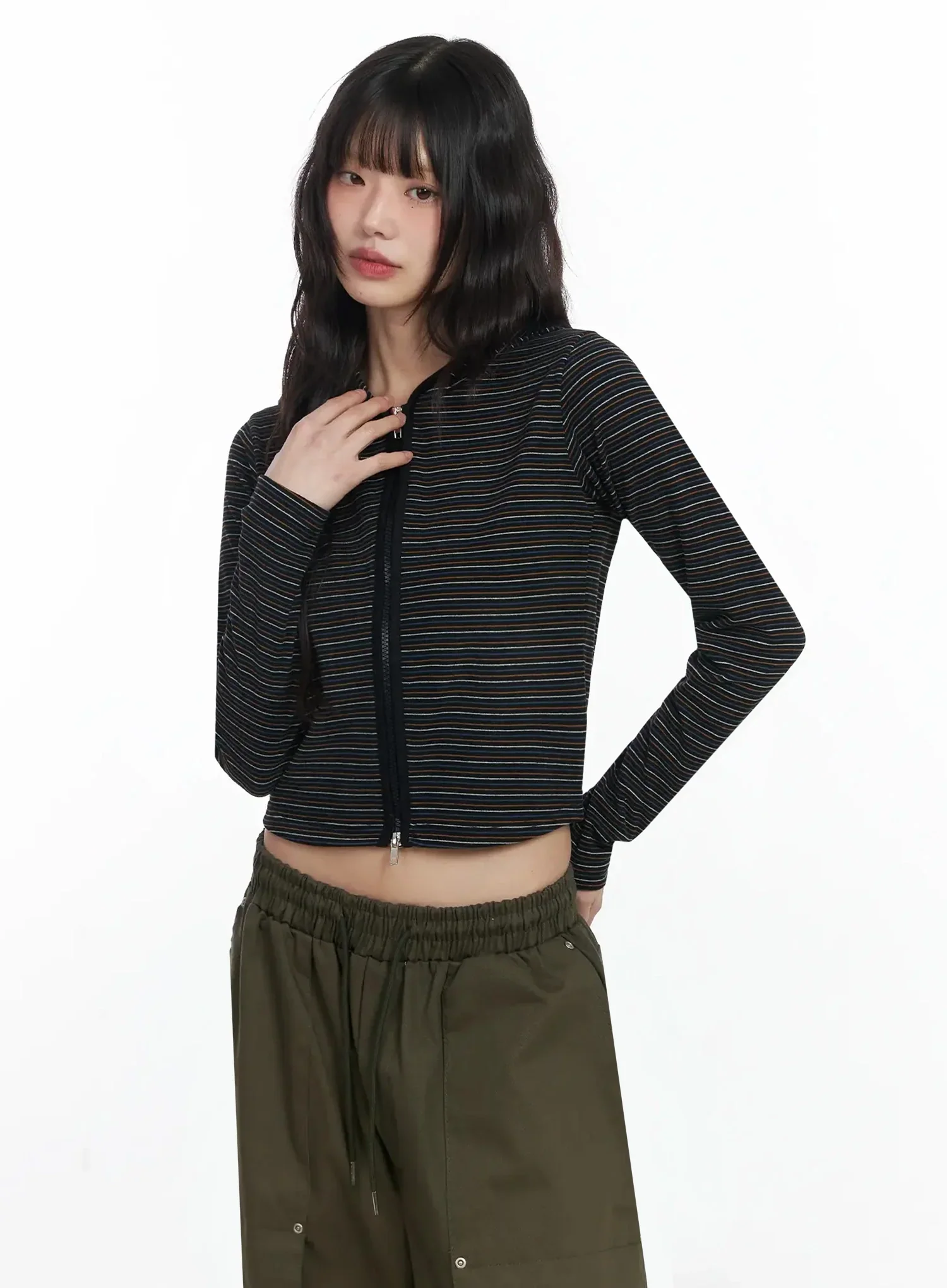 Slim Fit Striped Zip-Up Hoodie F516 - Image 13