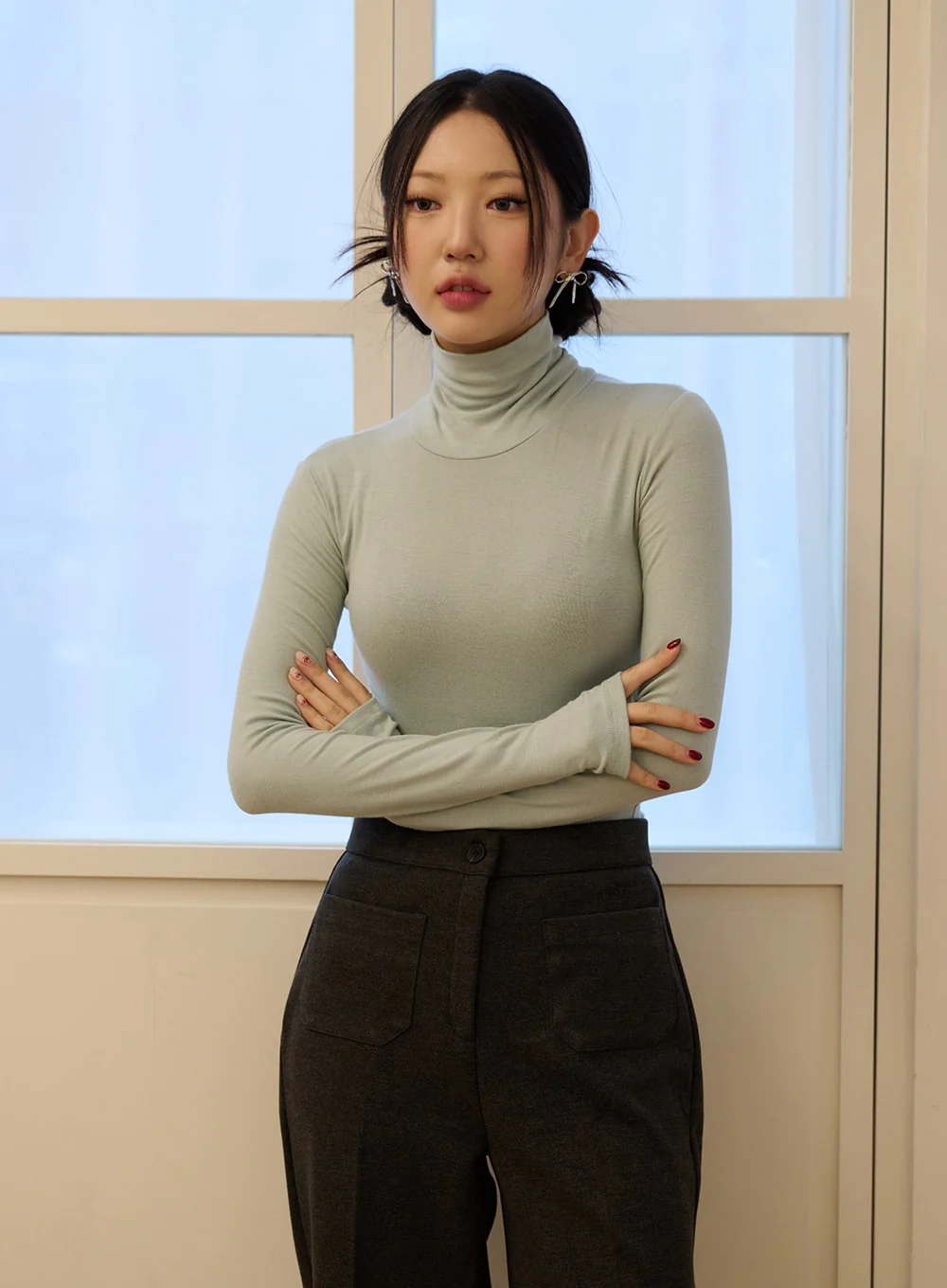 Slim Fit Turtleneck Top with Thumb Hole Sleeve OD327 - Image 6