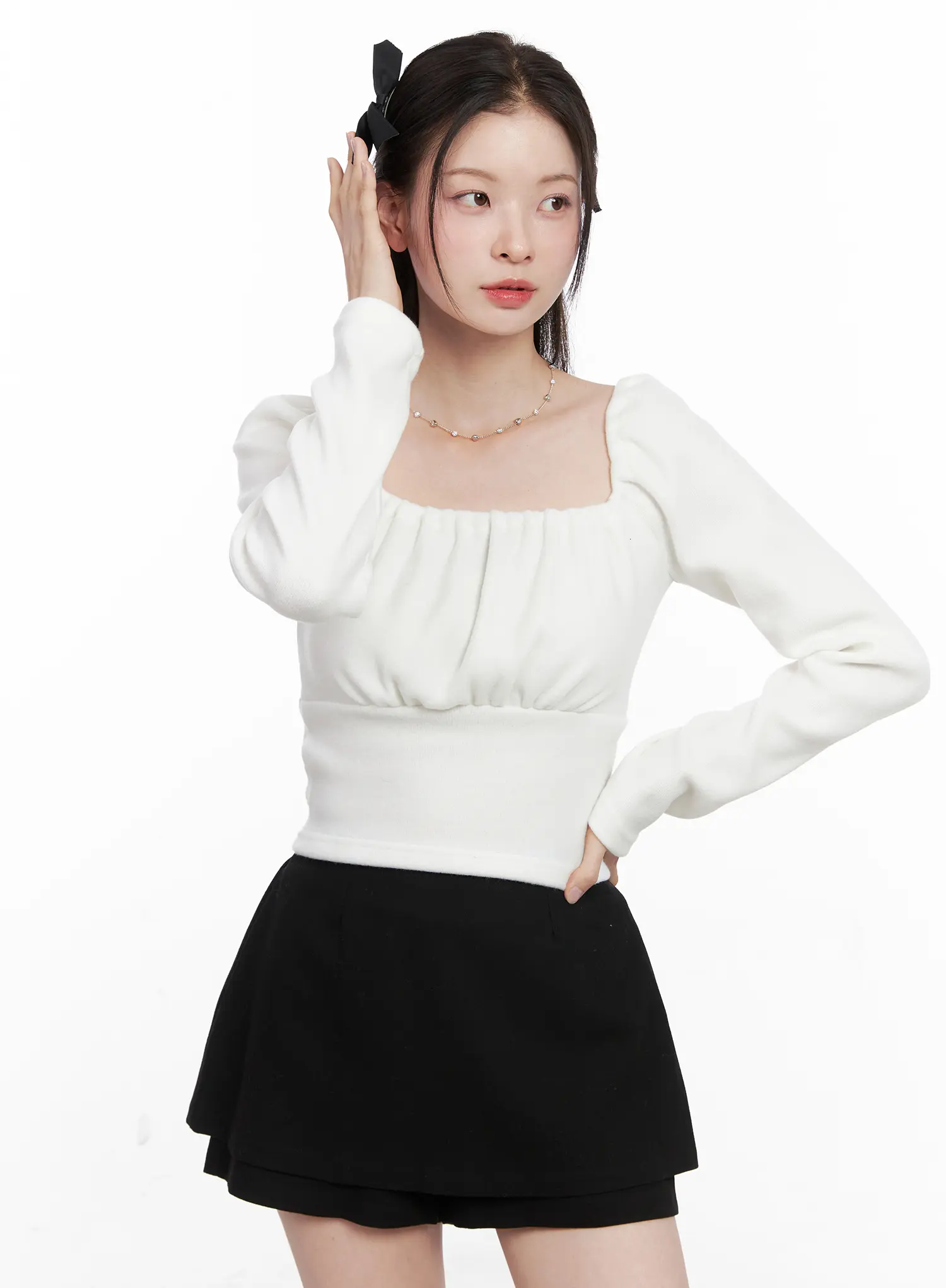 Square Neck Shirred Long Sleeve Top CN504