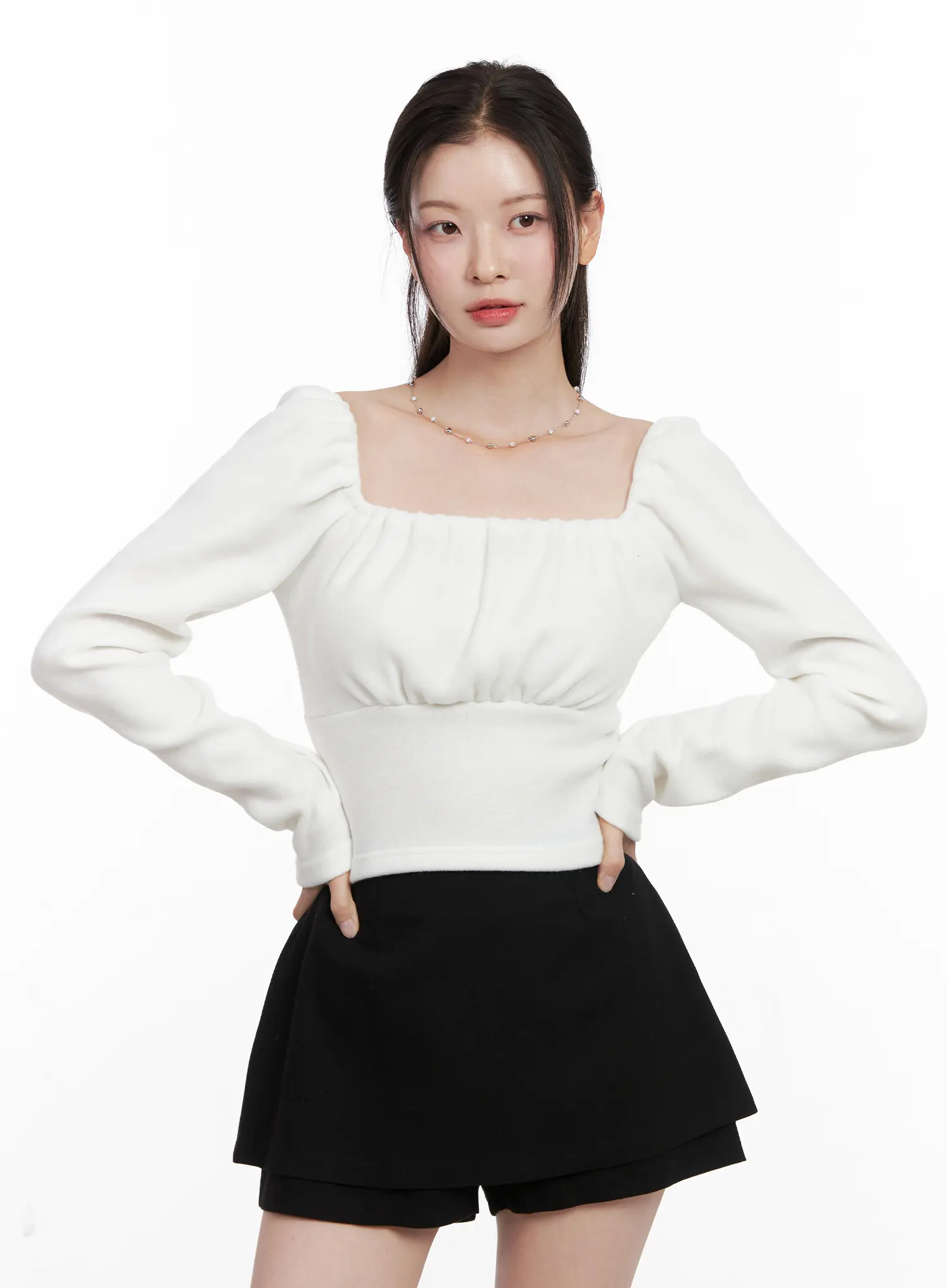 Square Neck Shirred Long Sleeve Top CN504 - Image 2
