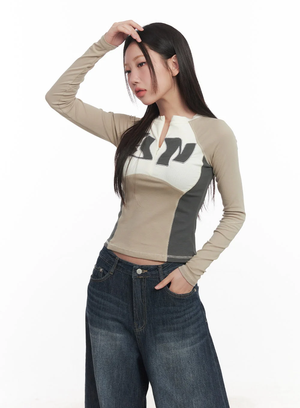 Stitched Half-Zip Long-Sleeve Crop Top CA521 - Image 9