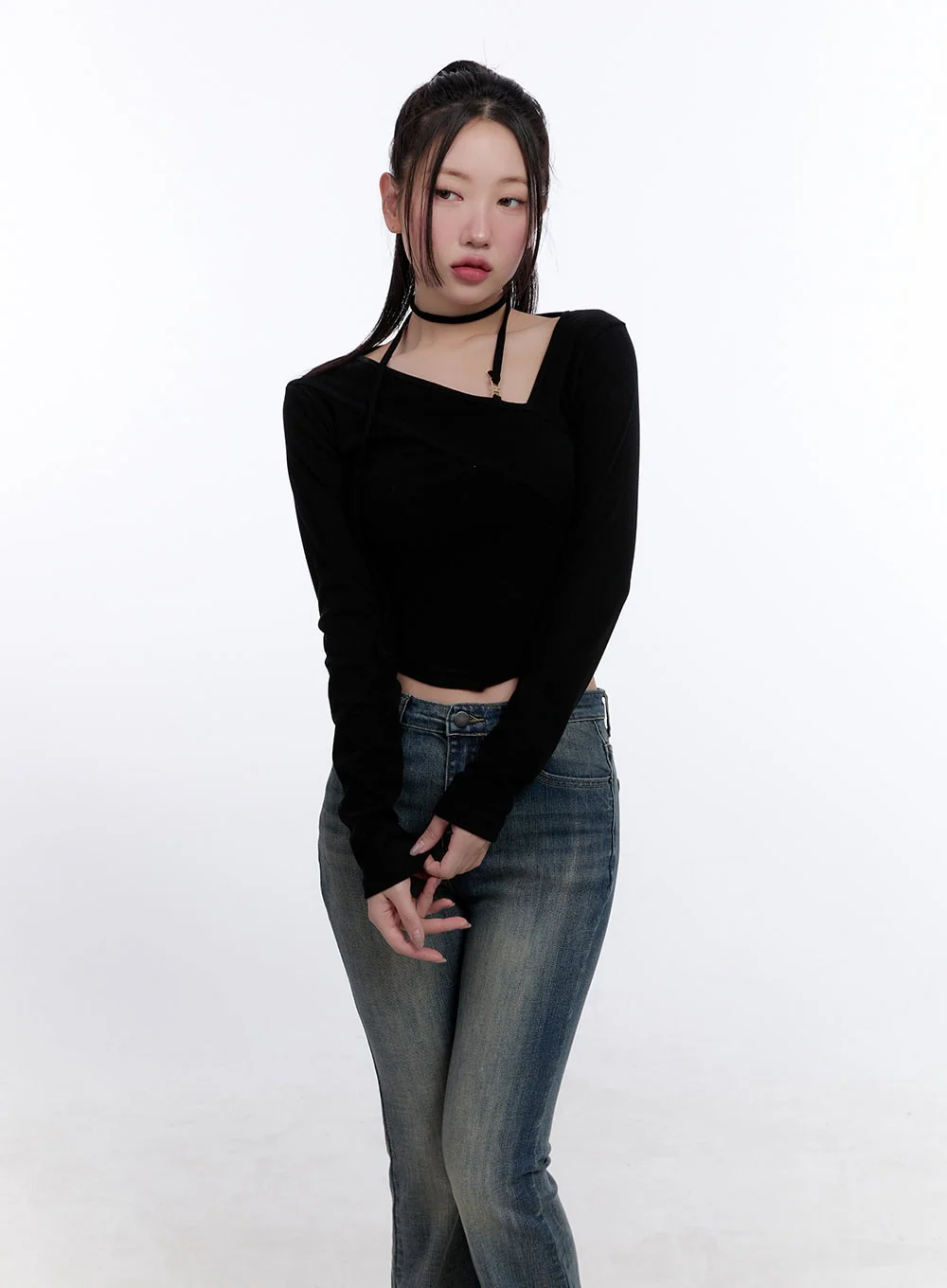 Strappy Long-Sleeve Halter Crop Top CJ513 - Image 7