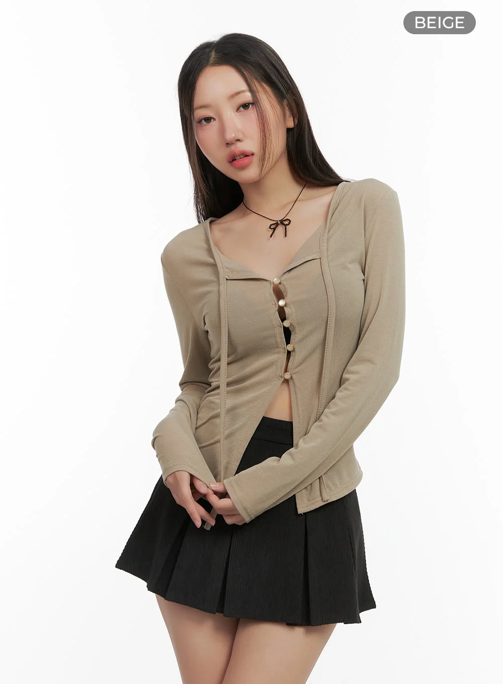 String Detail Long Sleeve Button Top CO417 - Image 8