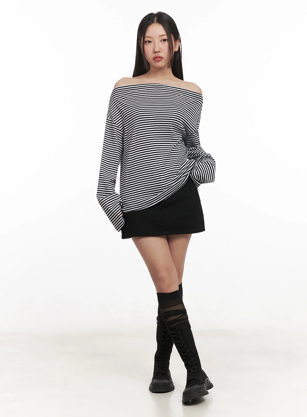 Stripe Long-Sleeve Off-Shoulder Top IM524 - Image 10