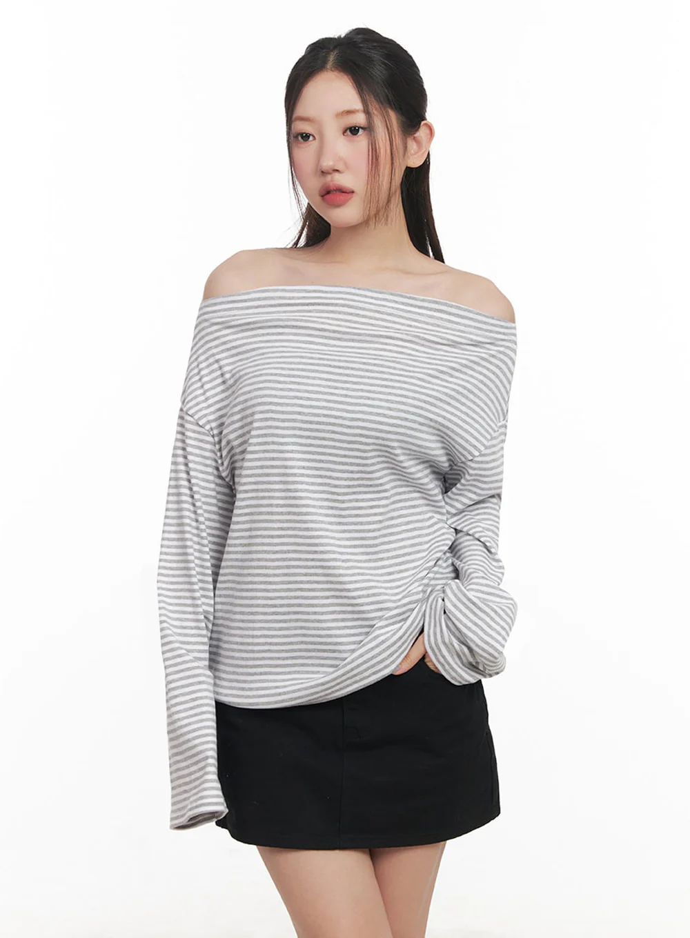 Stripe Long-Sleeve Off-Shoulder Top IM524 - Image 11