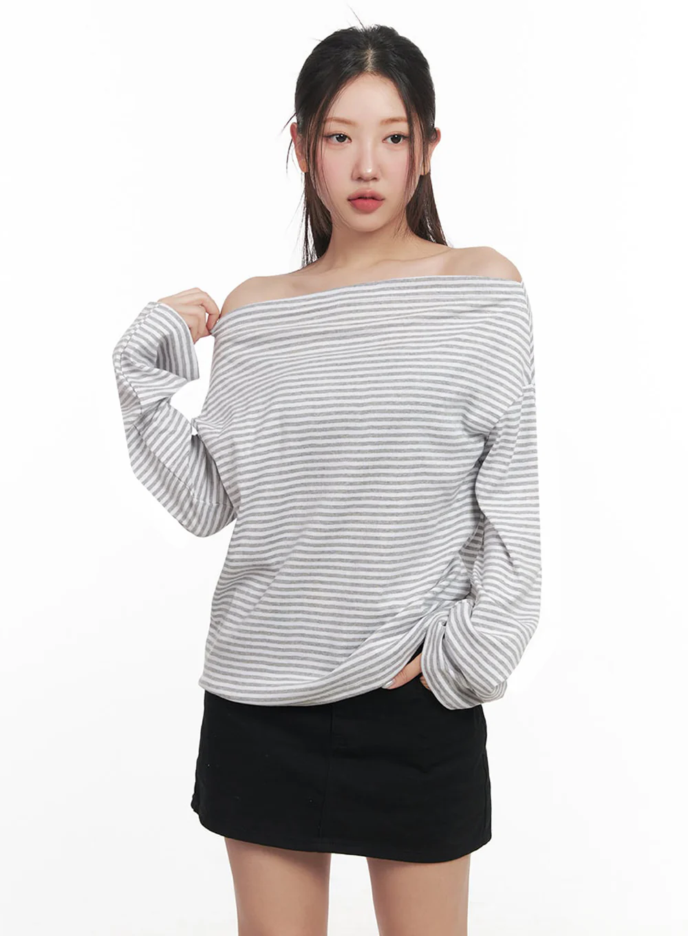 Stripe Long-Sleeve Off-Shoulder Top IM524 - Image 3